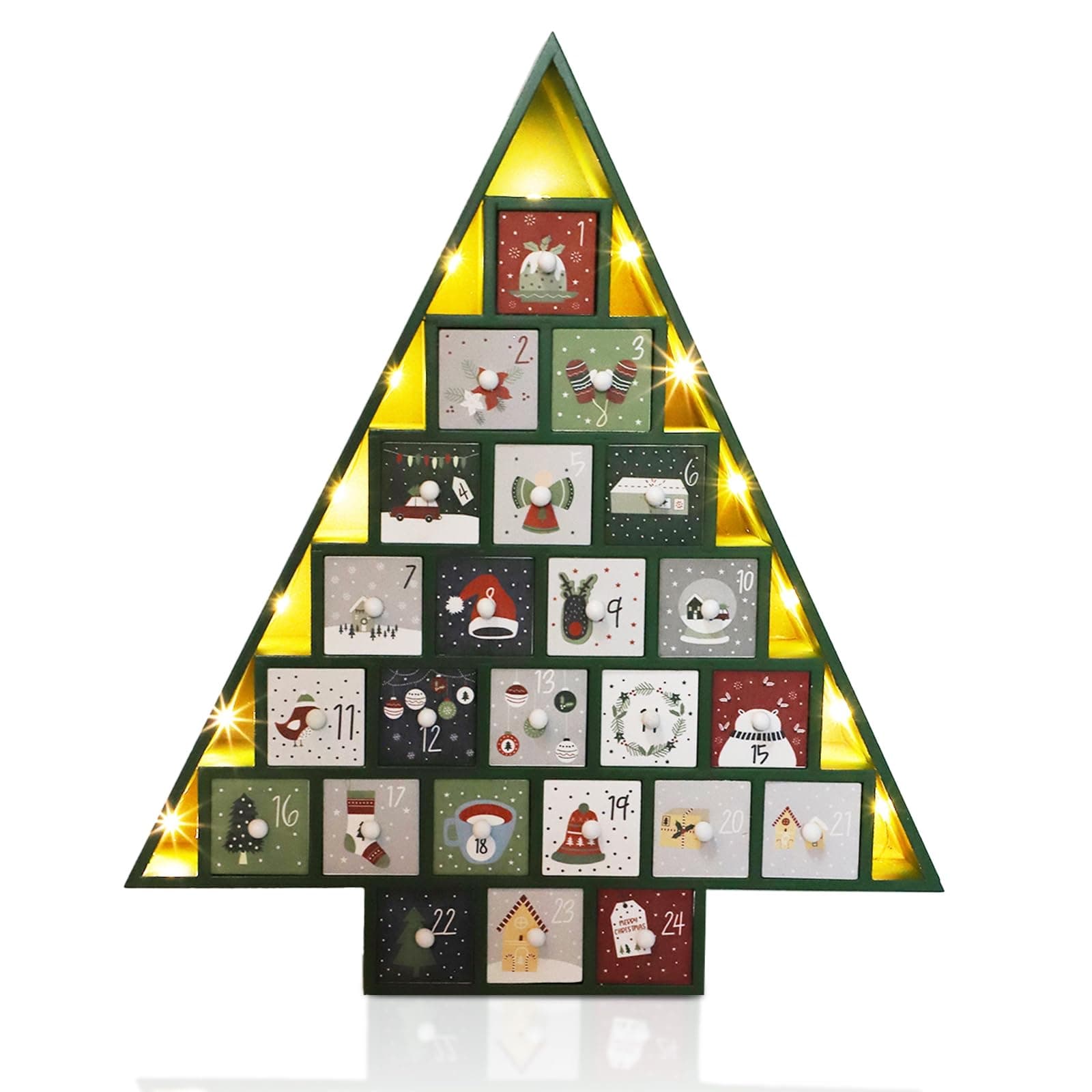 MorTime LED 24 Day Advent Calendar Decorated with 24 Storage Drawers, Green Wooden Countdown to Christmas Calendar