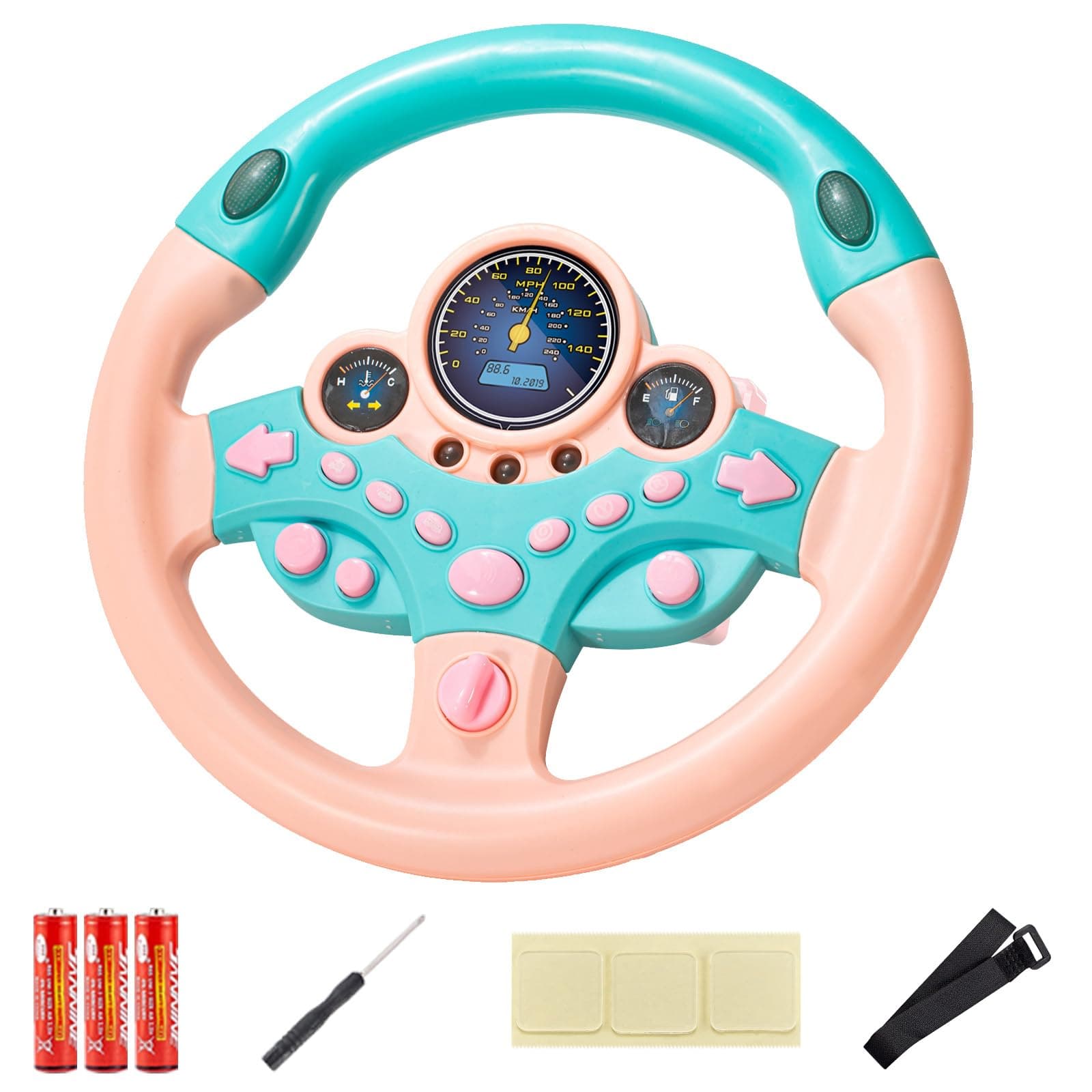 Kids Steering Wheel Toy with Light and Music, Car Backseat Simulated Driving Steering Wheel Gifts Toys (Pink)