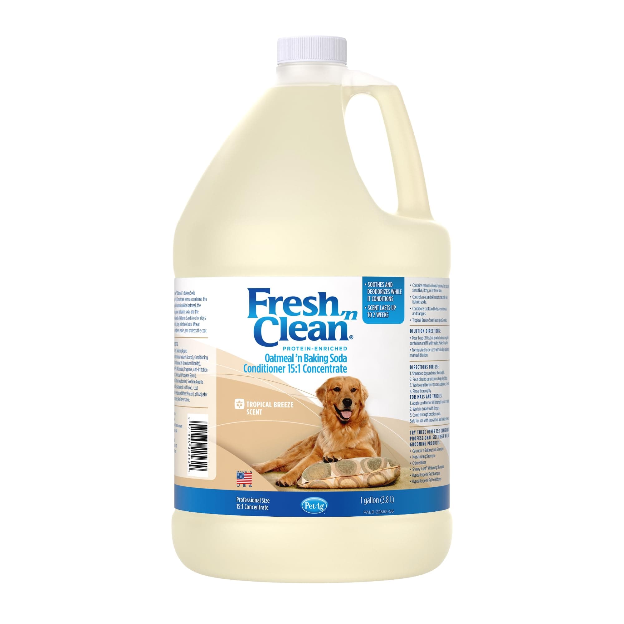 Pet-Ag Fresh ’n Clean Oatmeal ’n Baking Soda Conditioner, Tropical Breeze Scent (15:1 Concentrate) - 1 Gallon - Gently Cleans, Soothes & Deodorizes Dogs with Vitamin E & Aloe Vera - Soap Free