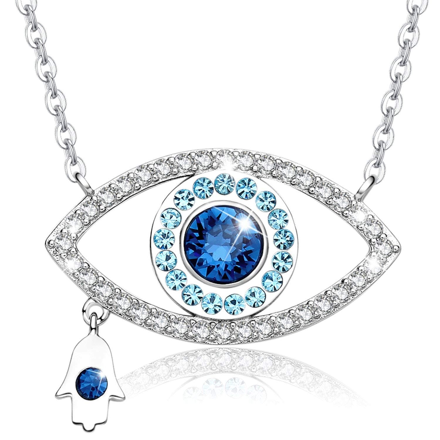 MEGA CREATIVE JEWELRY Women Blue Evil Eye Fatima Hamsa Hand Pendant Necklace with Crystal Jewellery Gifts for Her Mum Wife Girlfriend