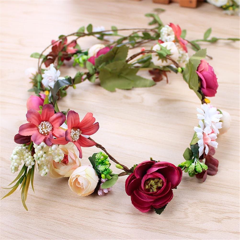 GCF® Garland Bride Women Flower Crown Hair Band Wedding Floral Headband Garland Festival Ribbon Bow Flower Wreath Elastic Headdress , f garland