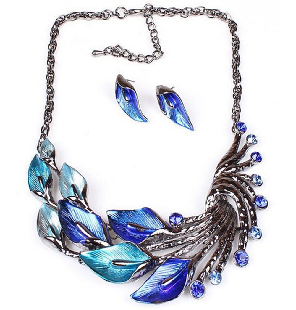 EIGA Women's Elegant Blue Peacock Enamel Festoon Bib Necklace Stud Earrings Set­