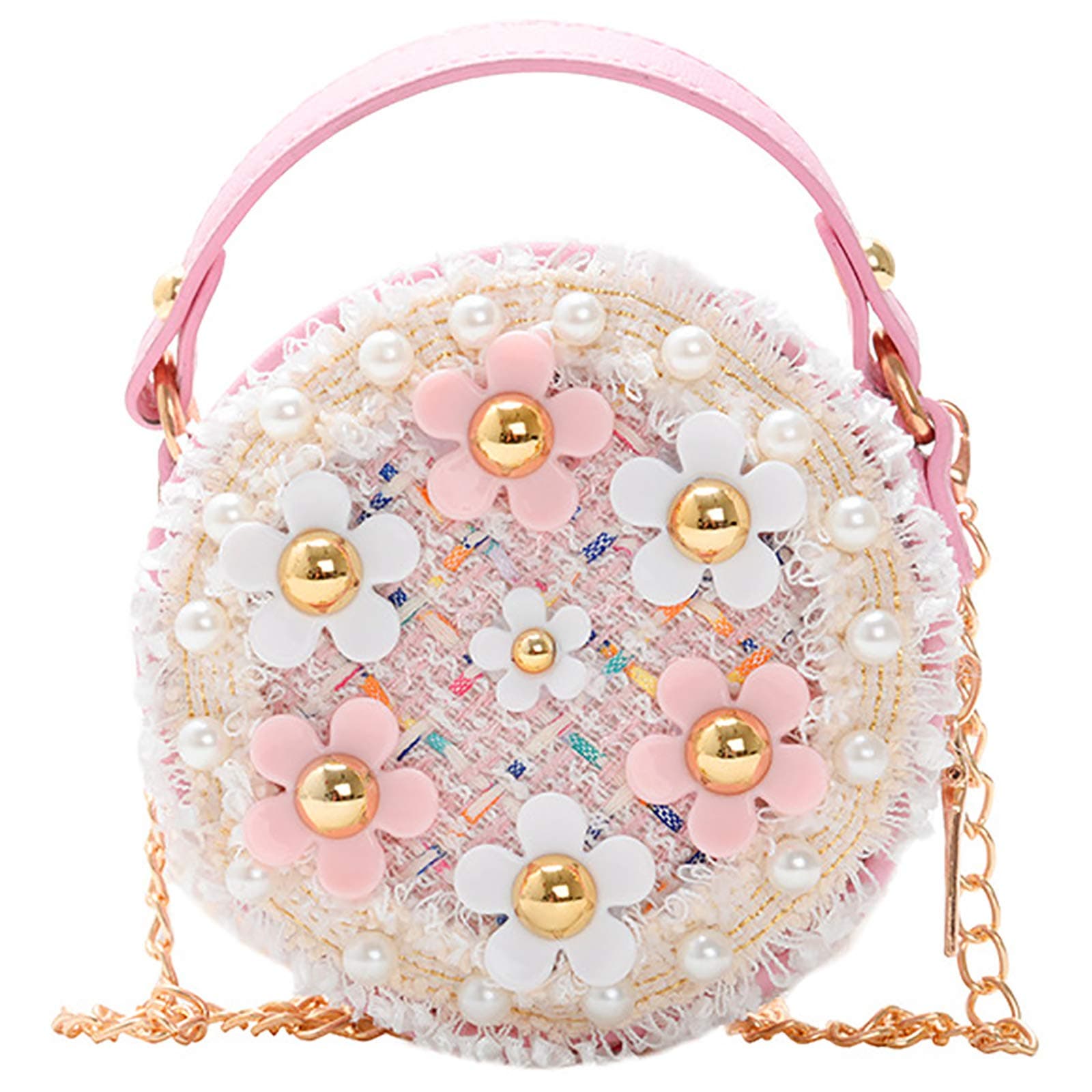 Little Girls Toddler Crossbody Purse with Pearl Flowers Mini Cute Princess Handbags Shoulder Chain Bag