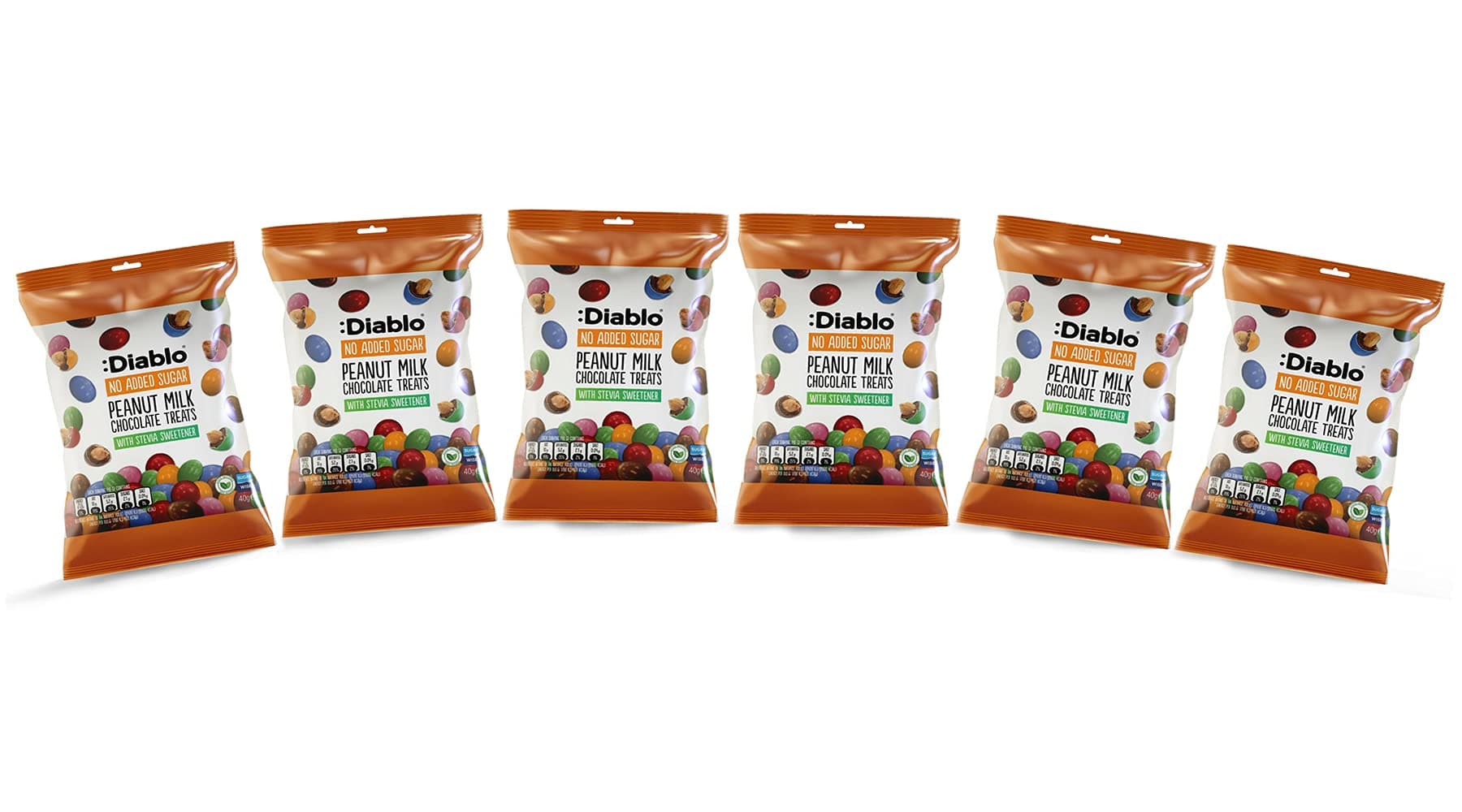 Diablo Milk Chocolate Peanuts - No Added Sugar, Sweetened with Stevia - Individually Packed Bags, Chocolate Covered Nuts Hamper Basket Available for Gifting - Peanut Milk Chocolates - 40 g Pack of 6