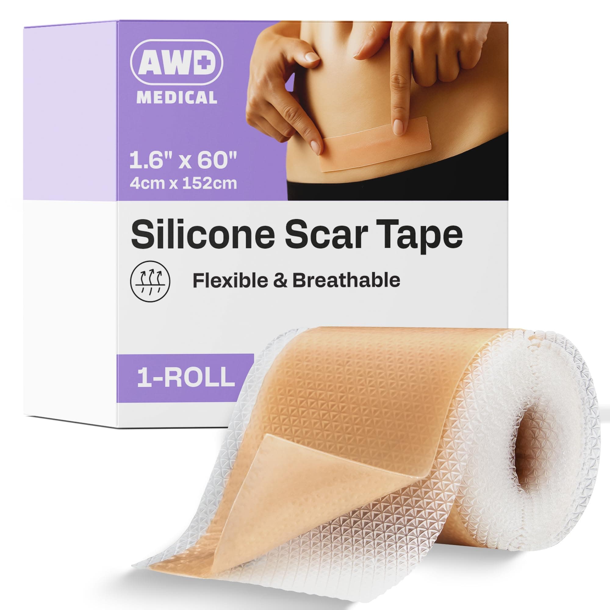 AWD Medical 100% Soft Silicone Gel Tape (1.6" x 60") Highly Comfortable Painless 6-8 Month Supply Acne Scar Treatment C Section Keloid Surgery Premium Hospital Medical Grade (4.1cm x 150cm )
