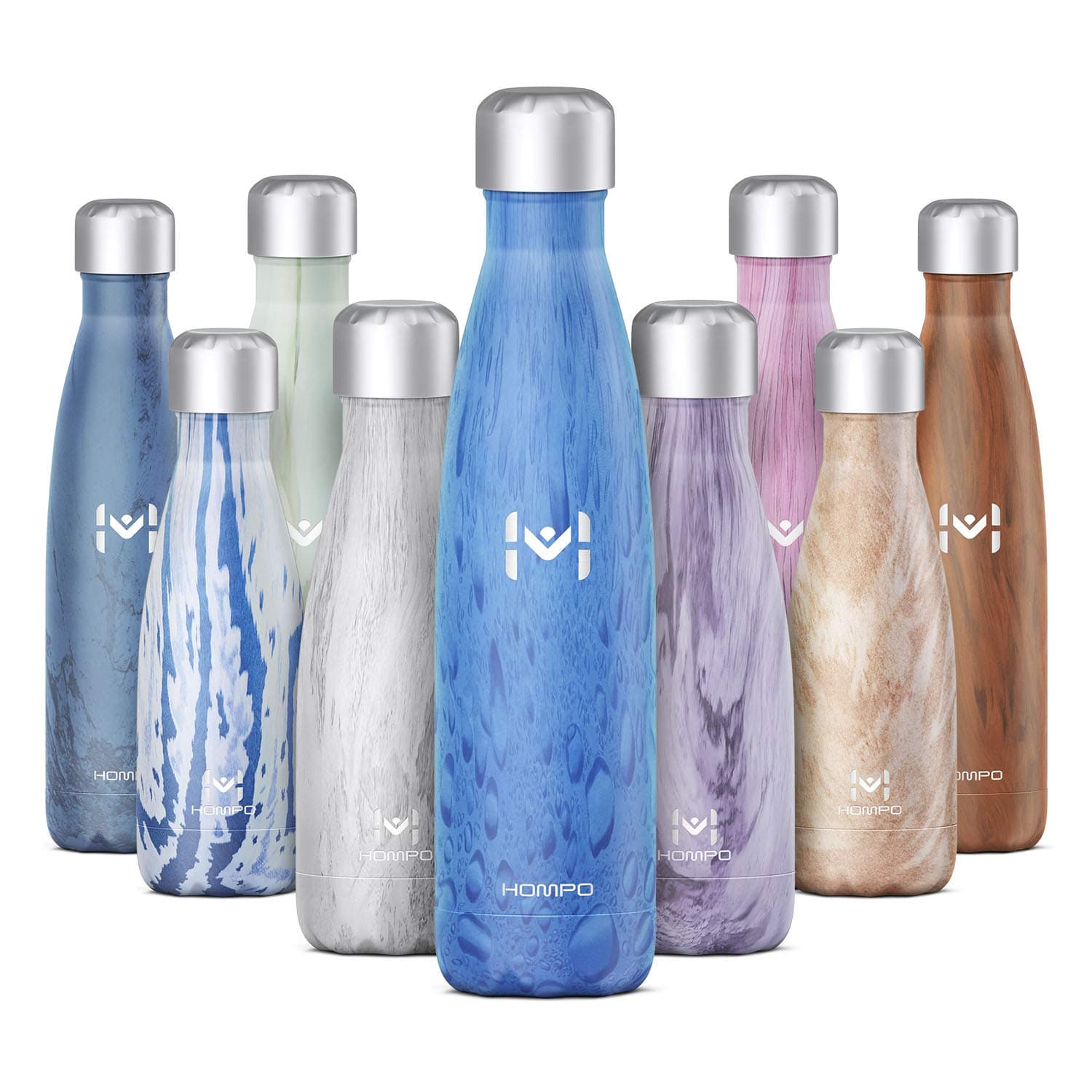 HOMPO Metal Water Bottle Stainless Steel - 9oz/260ml Vacuum Insulated Double Walled Thermos, Bpa Free Reusable Drinks Bottle Hot & Cold with Leak Proof lid for Kids, Hiking, Gym (blue water drop)