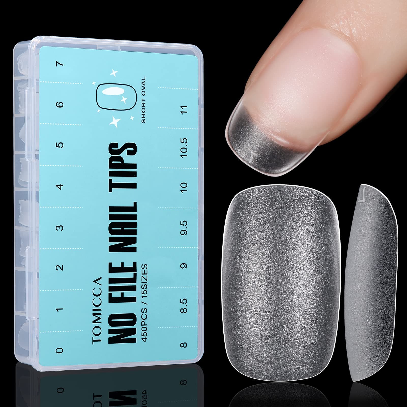 TOMICCAShort Oval Nail Tips - 450Pcs Double-sided Matte Gel Nail Tips, 15 Sizes Soft Full Cover Gel Nail Tips, False Gel Nail Tips for Nail Extensions, 1.0 count, 450