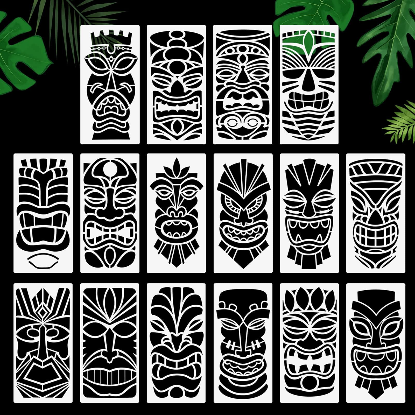 Tiki Tribe Stencils, 16 Pcs Tiki Totems Face with Open Mouth Stencils Reusable Template A4 Size for Painting on Wood Fabric Canvas Wall DIY Art Projects 6"x 12"