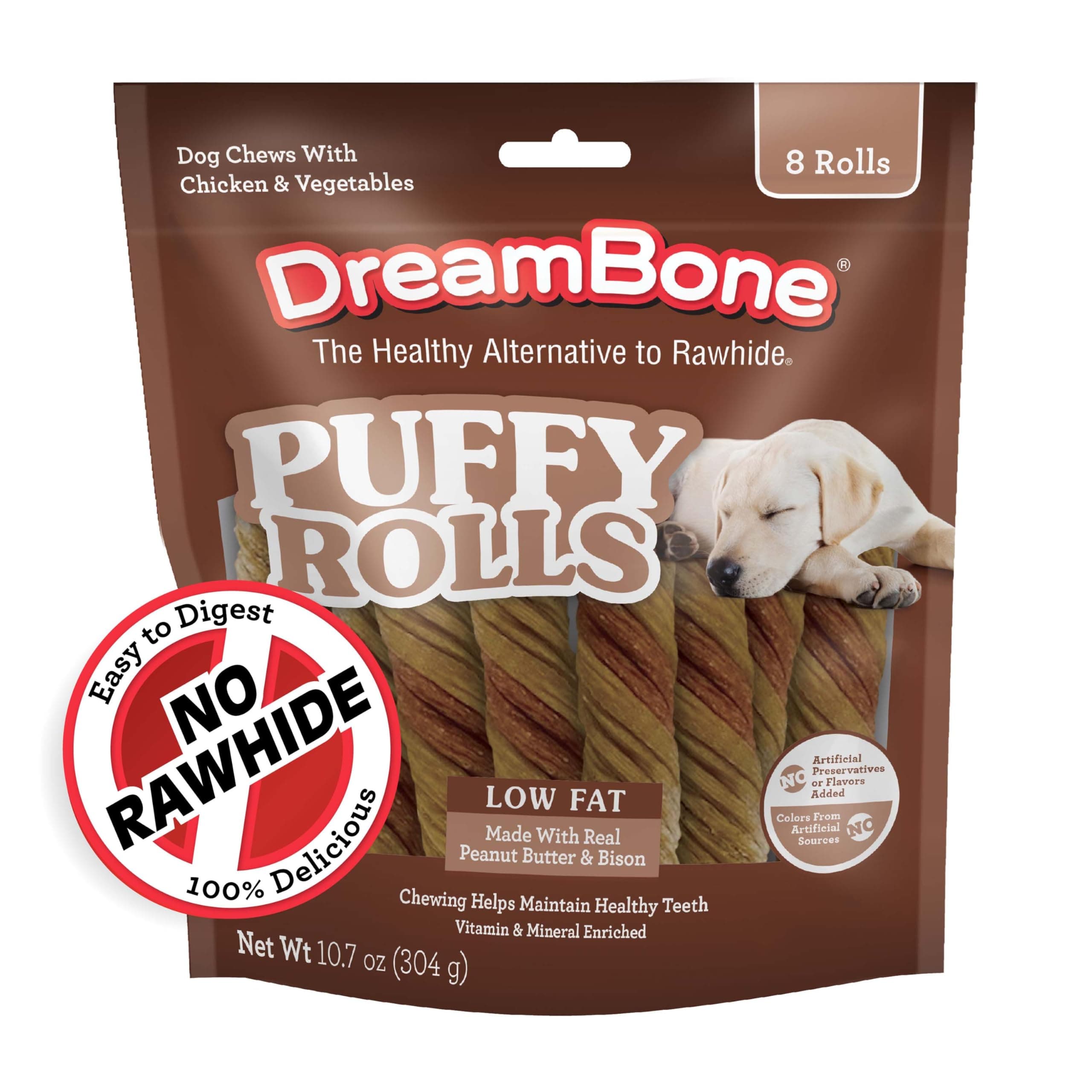 Puffy Rolls Chews for Dogs, 8 Count, Treat Your Dog to Easy-to-Digest Rawhide-Free Chews Made with Real Peanut Butter and Bison