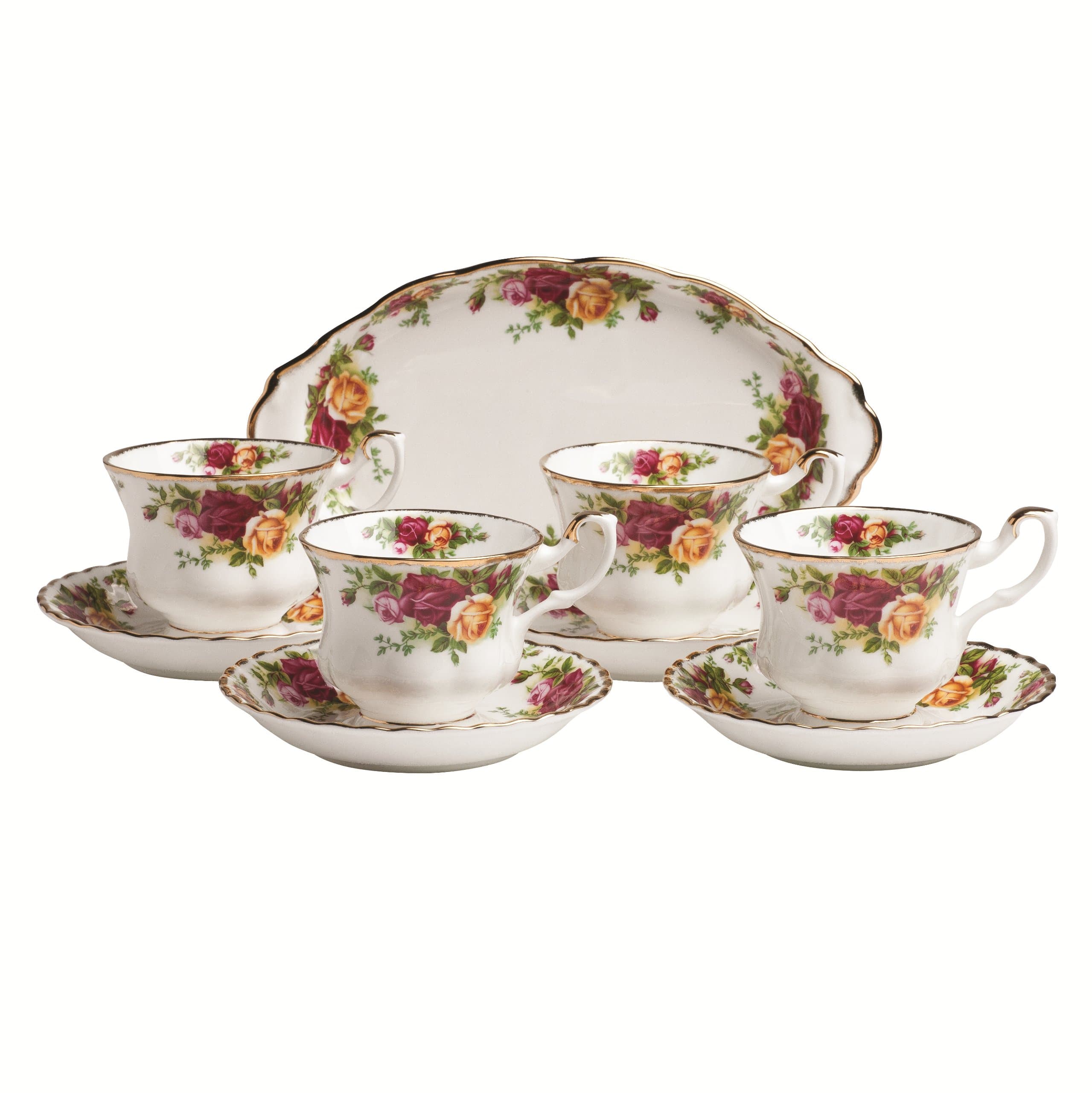 Old Country Roses 9-Piece Tea Set, White, 6.5 Fluid Ounces, Porcelain, Metal Lid