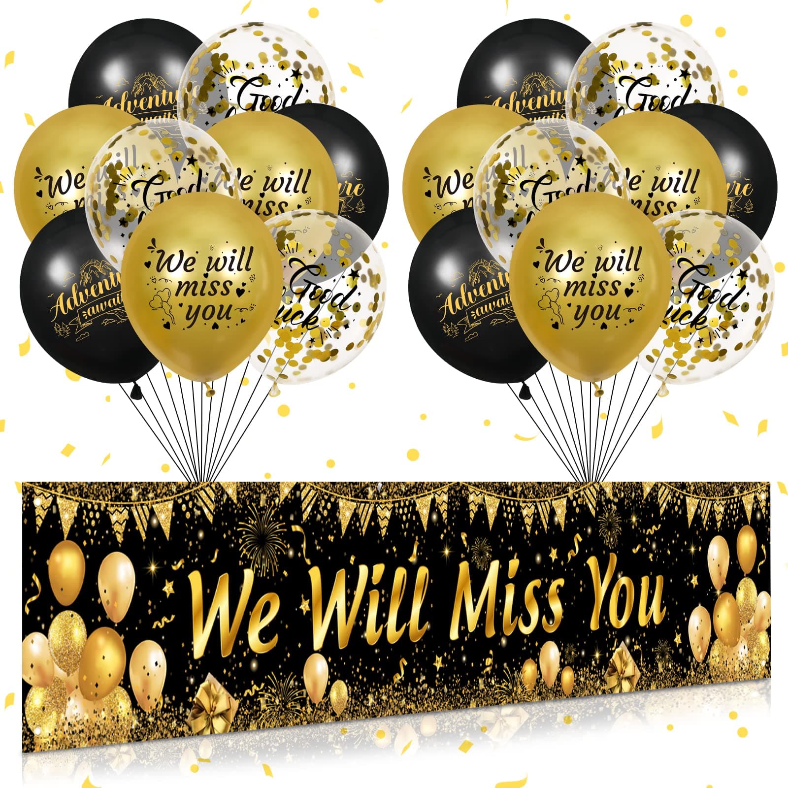 Black Gold We Will Miss You Party Decorations Black Gold We Will Miss You Banner and 18Pcs Good Luck We Will Miss You Balloons for Farewell Going Away Retirement Graduation Goodbye Party (Black Gold)