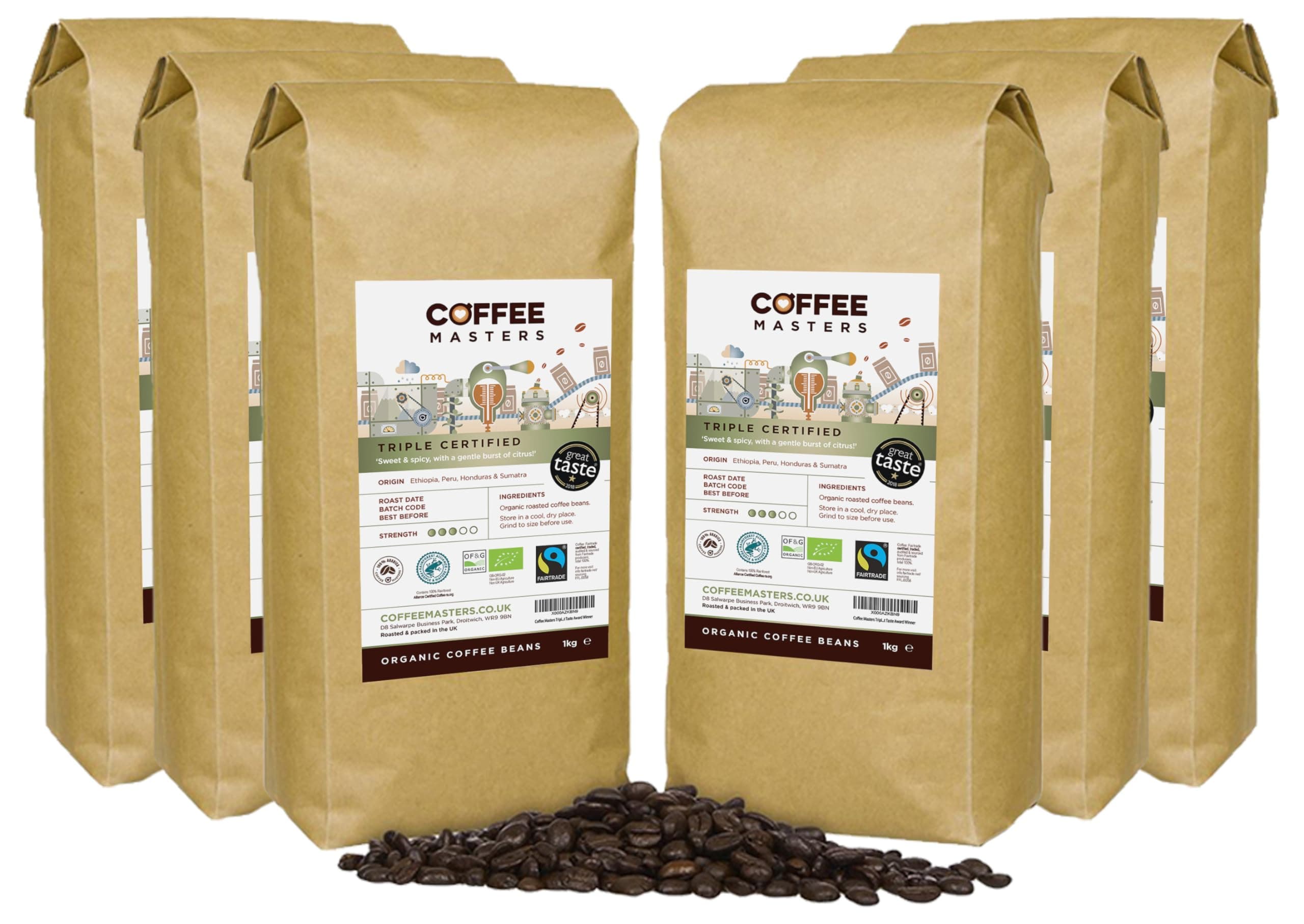 – Triple Certified Arabica Coffee Beans 6x1kg - Fairtrade, Organic Blend - Medium Roast Whole Bean, Ideal for Espresso Machines - The Great Taste Award Winner