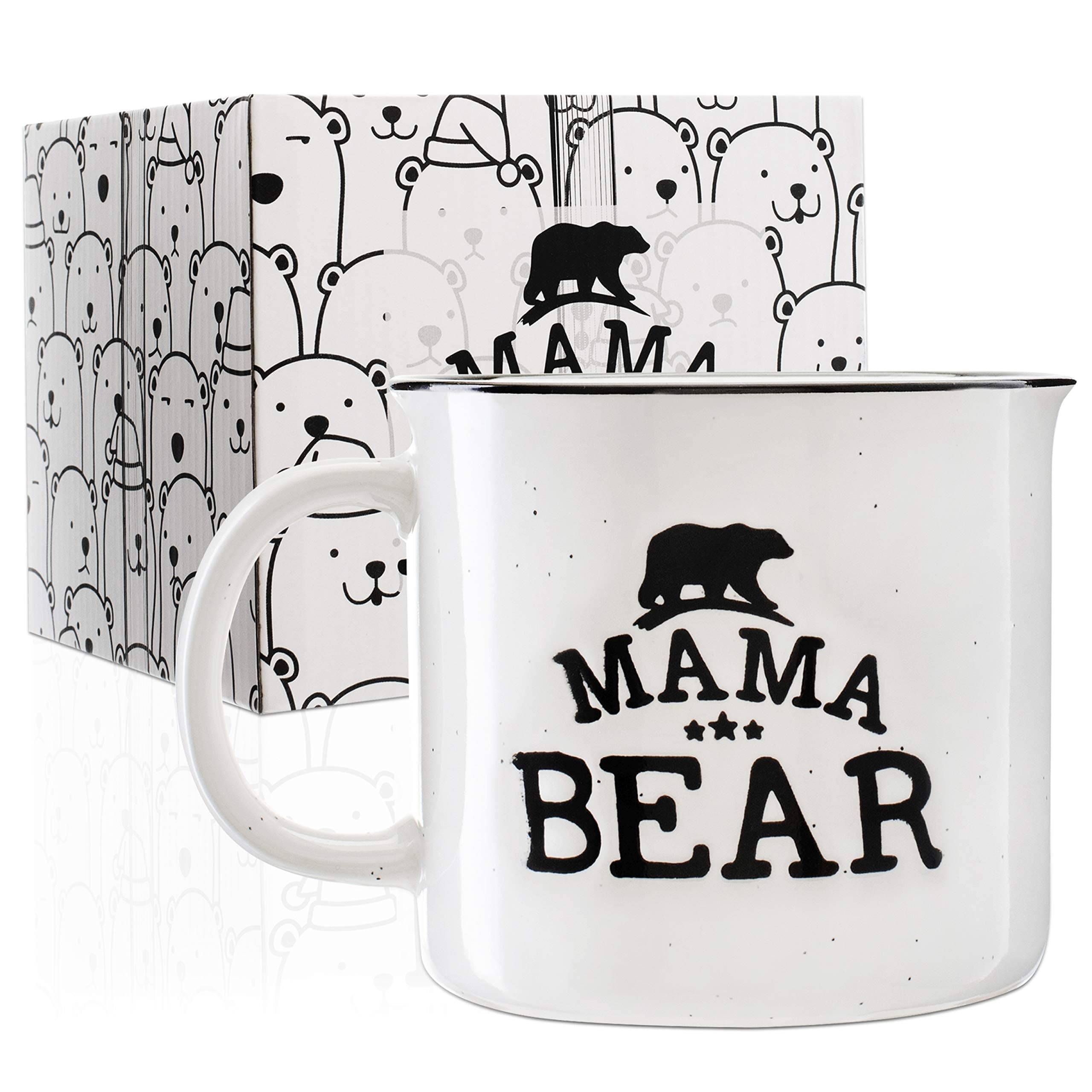 USA Custom GiftsMama Bear Stoneware Engraved Campfire Ceramic Mug - White - 15 oz, Mother's Day - Retro Coffee Mug - Mama Bear Coffee Cup