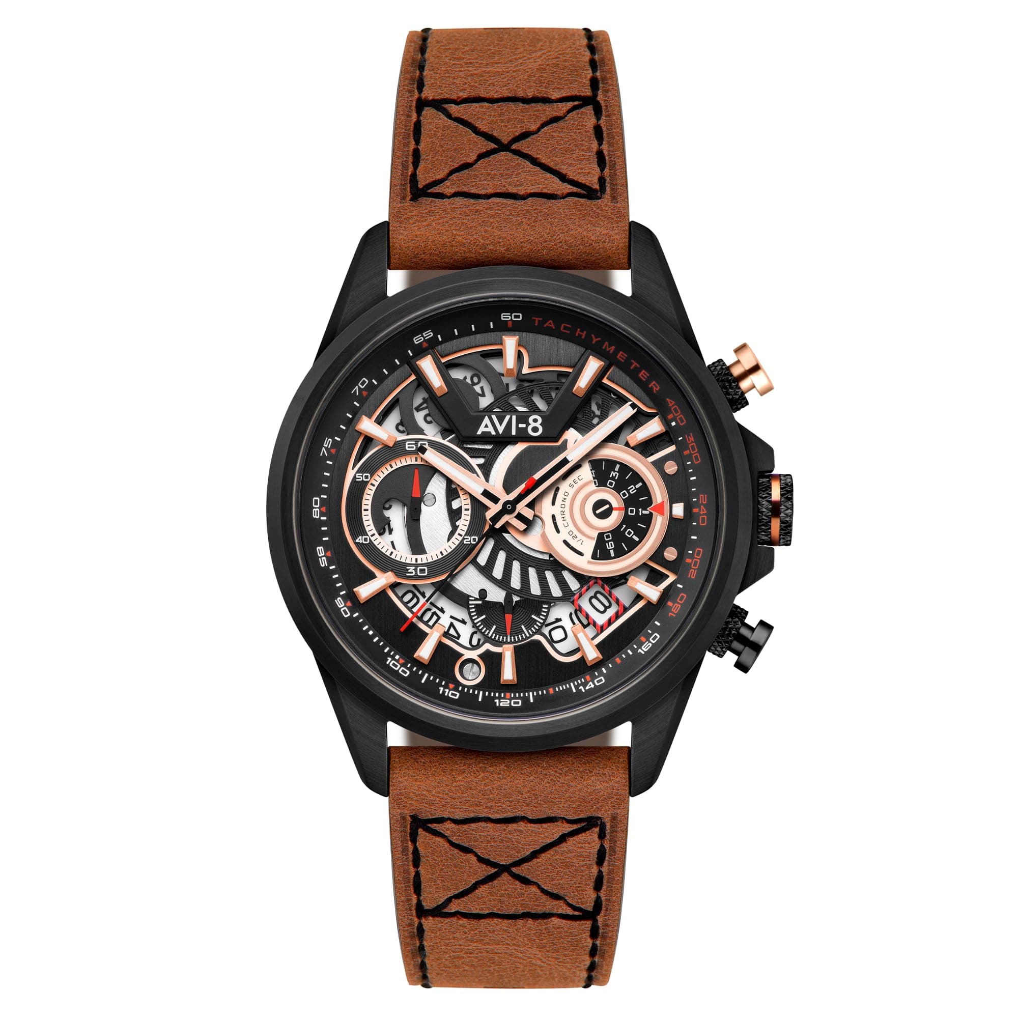AVI-8 Mens 45mm Hawker Harrier Matador Chronograph Japanese Quartz Pilot Watch with Genuine Leather Strap AV-4065 / AV-4025