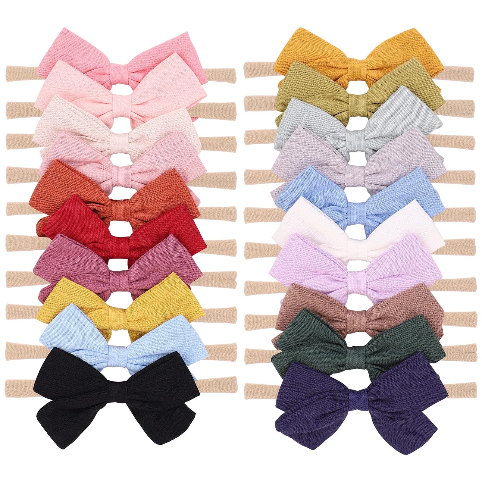 jollybows 20pcs Baby Girls Nylon Hair Bows Headbands Linen Hair Barrettes Hair Bands Elastic Hair Accessories for Kids Infants Newborn