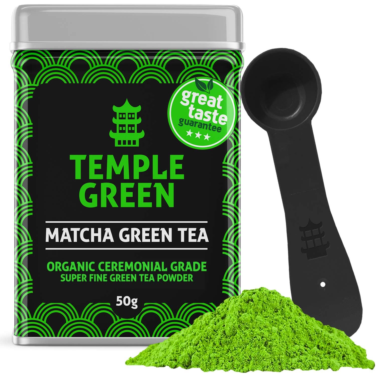 Temple Green Matcha Tea - Genuine Ceremonial Japanese Powder for Immune Health, Mood Energy Focus - Organic Stone-Ground Ingredients for Skin & Metabolism - Great Taste 50g & Spoon - UK Based Company
