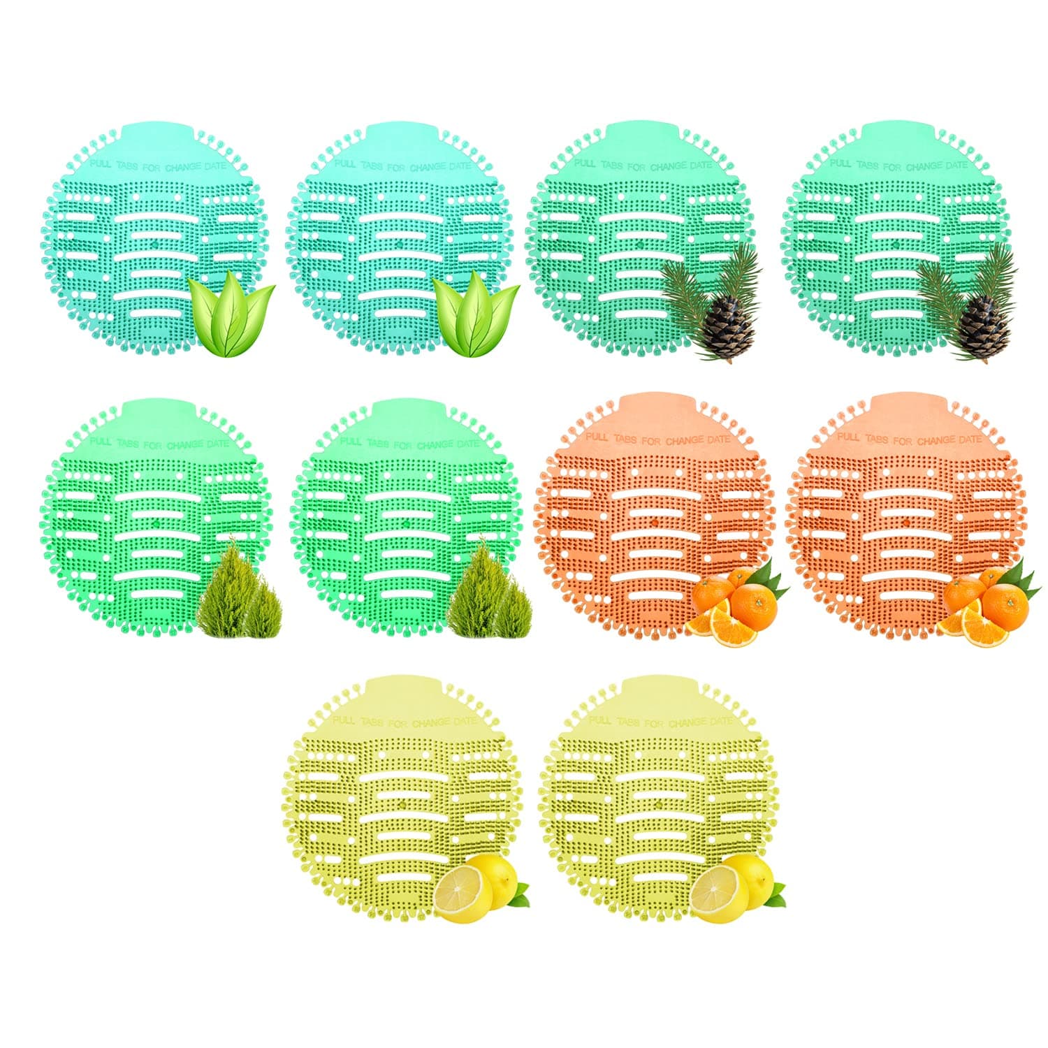 Urinal Screen Fresh Scented Anti-Splash Toilet Mat Bathroom Deodorizer Spatter with Air Freshener for Restroom (Multicolor, Pine Lemon-Orange-Pine-Natural Breeze-Lemon Fragrance, 10 pcs)
