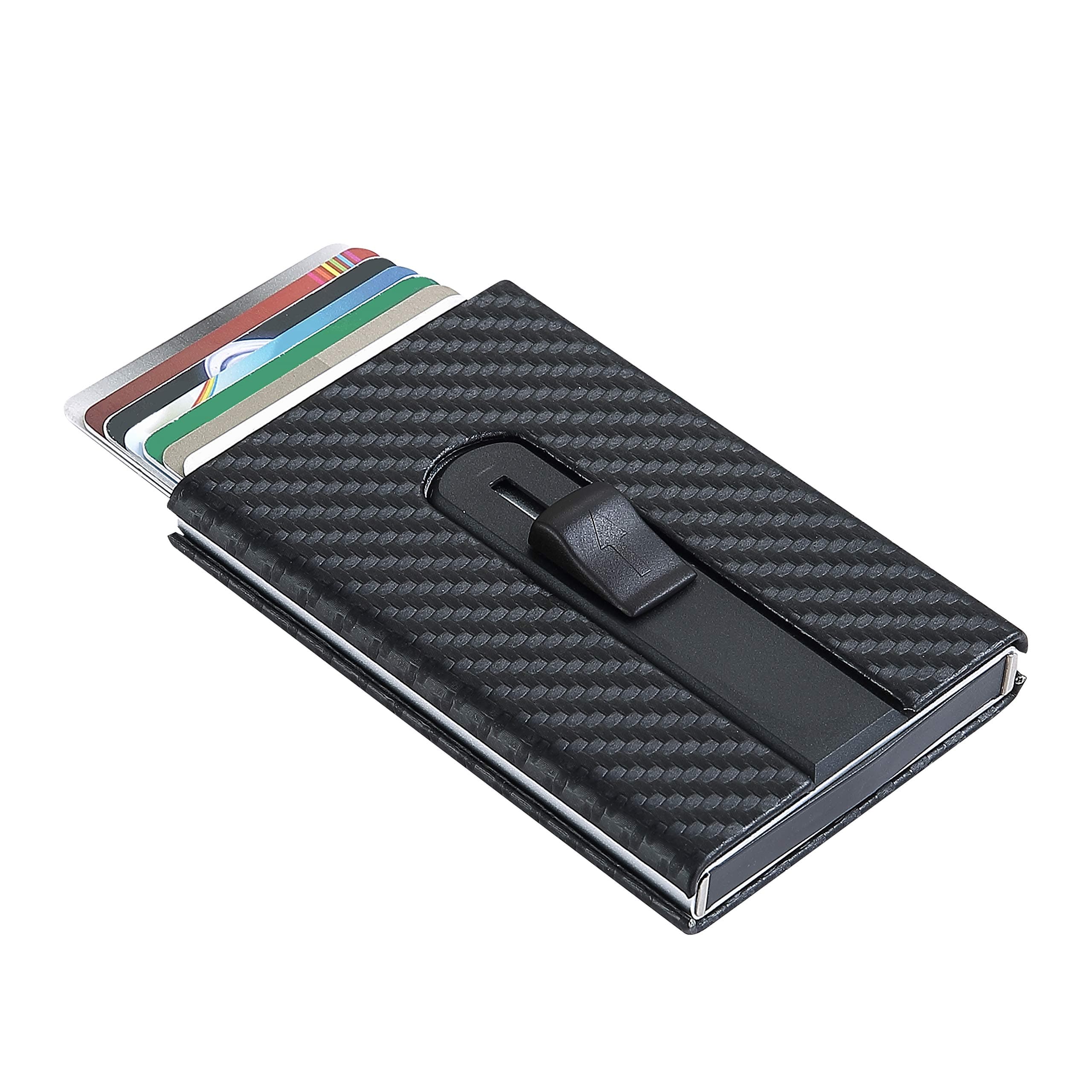 RFID Blocking Card Holder/Case for Men, Money Clip, Carbon Fiber PU Leather, RFID Pop-Up Card Holder, Slim, Minimalist Wallet, Lightweight Aluminum/Metal Credit Card Holder, for Front Pocket