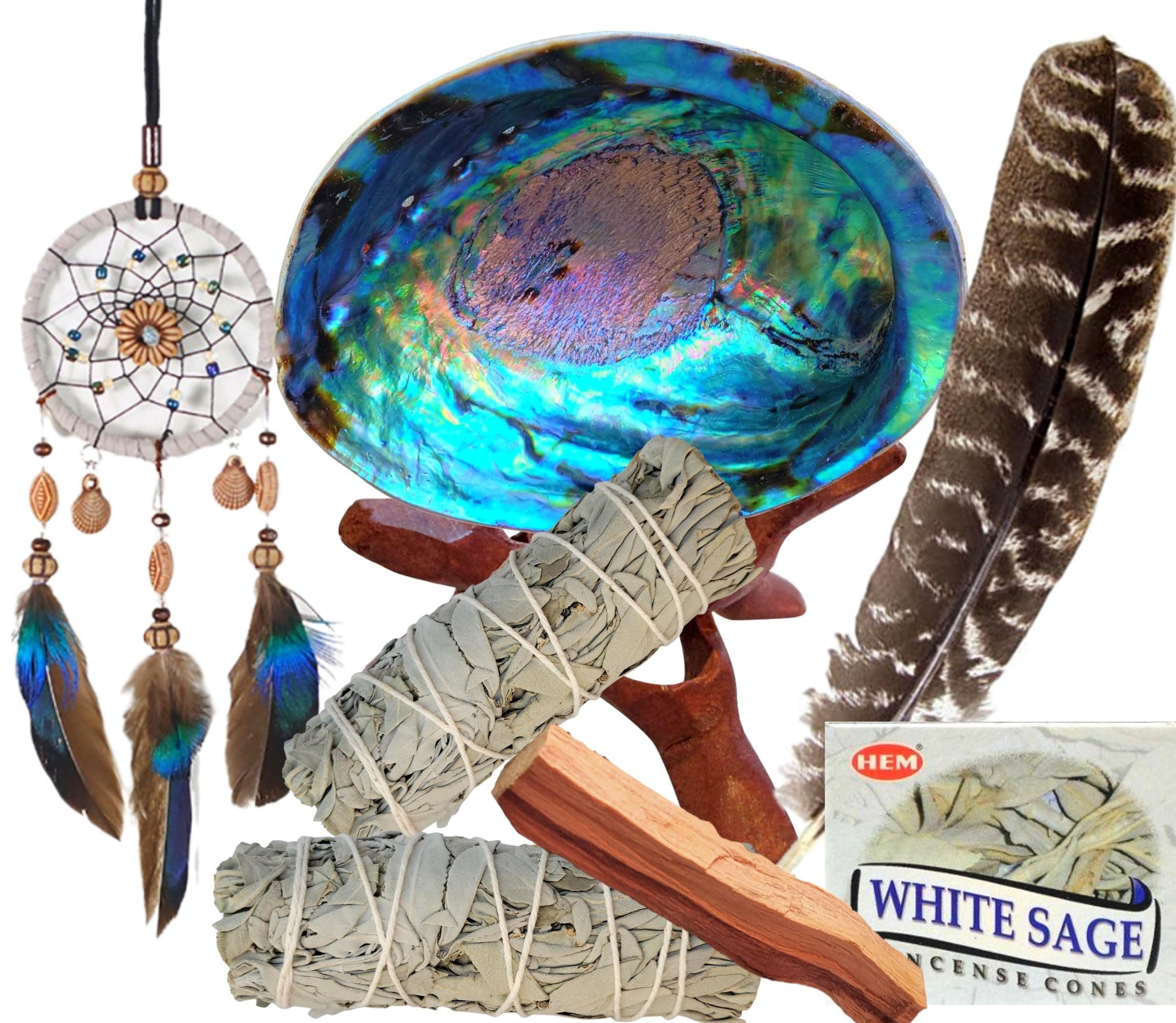 Smudge Kit Spiritual Native 10 Healing Gifts Set, Smudging Kit, Dream Catcher Home Blessing Sage Kit, Abalone, White Sage Bundles