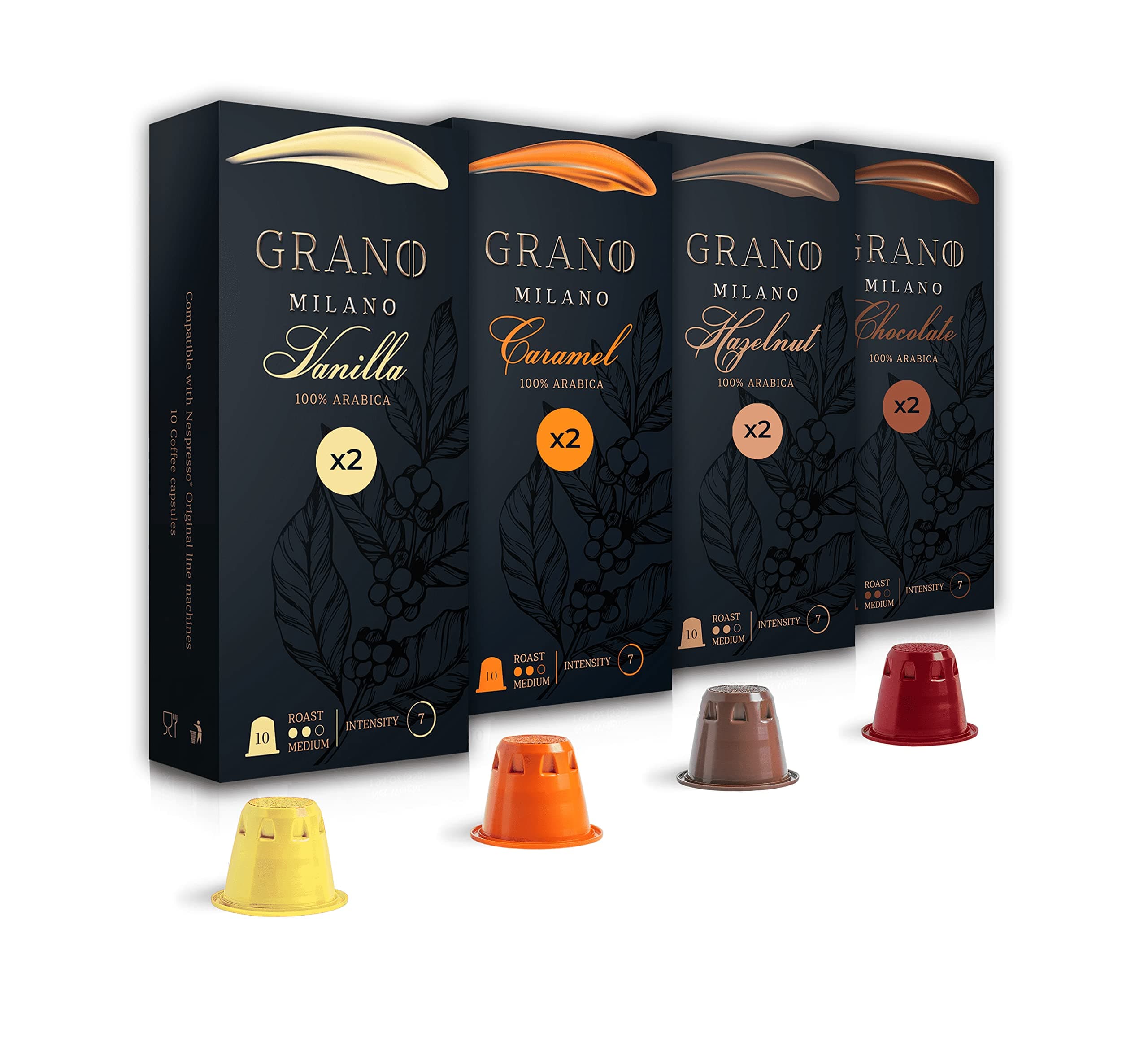 Grano Milano Sweet Variety Pack - 80 Coffee Capsules | 100% Arabica Nespresso* Original line Compatible Pods | Made in Italy | Medium Roast - Intensity 7 | Be a Barista in one touch®.