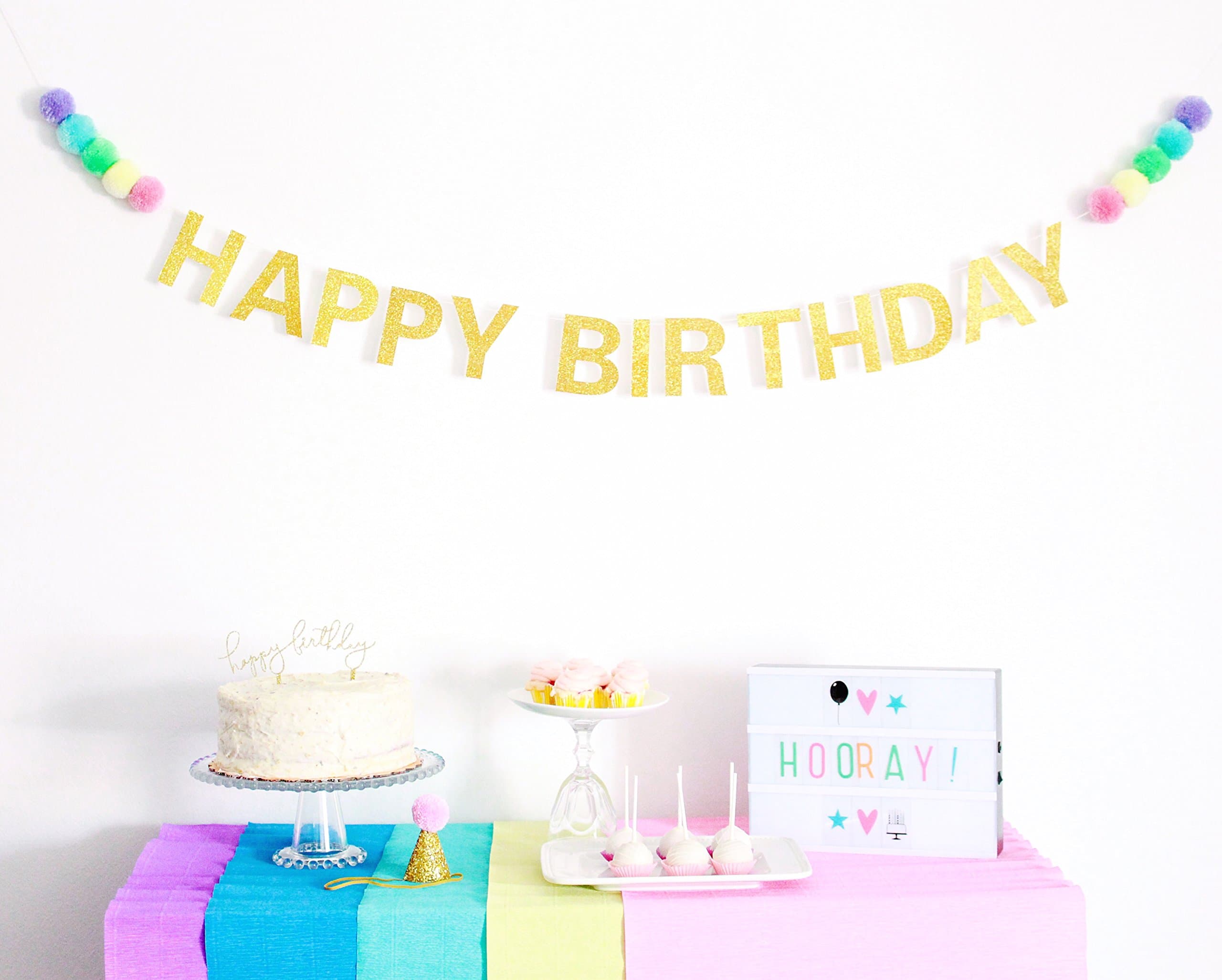POSHAHOOLIE™ Happy Birthday Banner - Gold Glitter With Pastel Pom Poms - unicorn rainbow ice cream birthday party decorations happy birthday banner