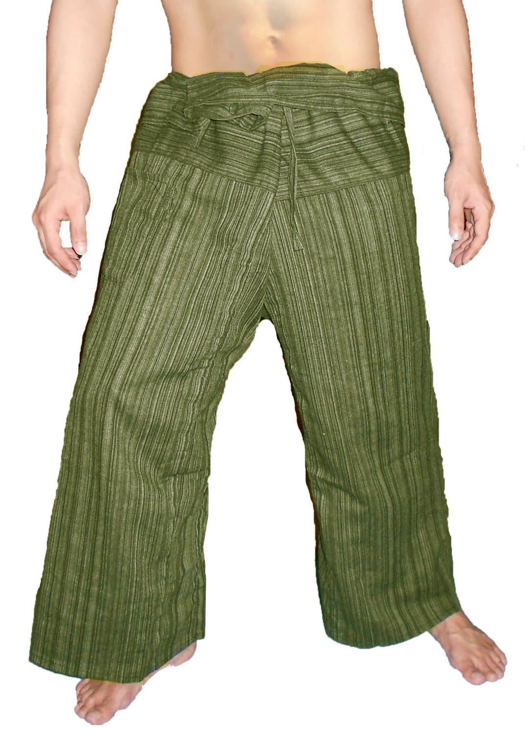 "ClickThai" 100% Heavy Cotton Thai Fisherman Pants Yoga Pregnancy Pants Striped-Dark Green