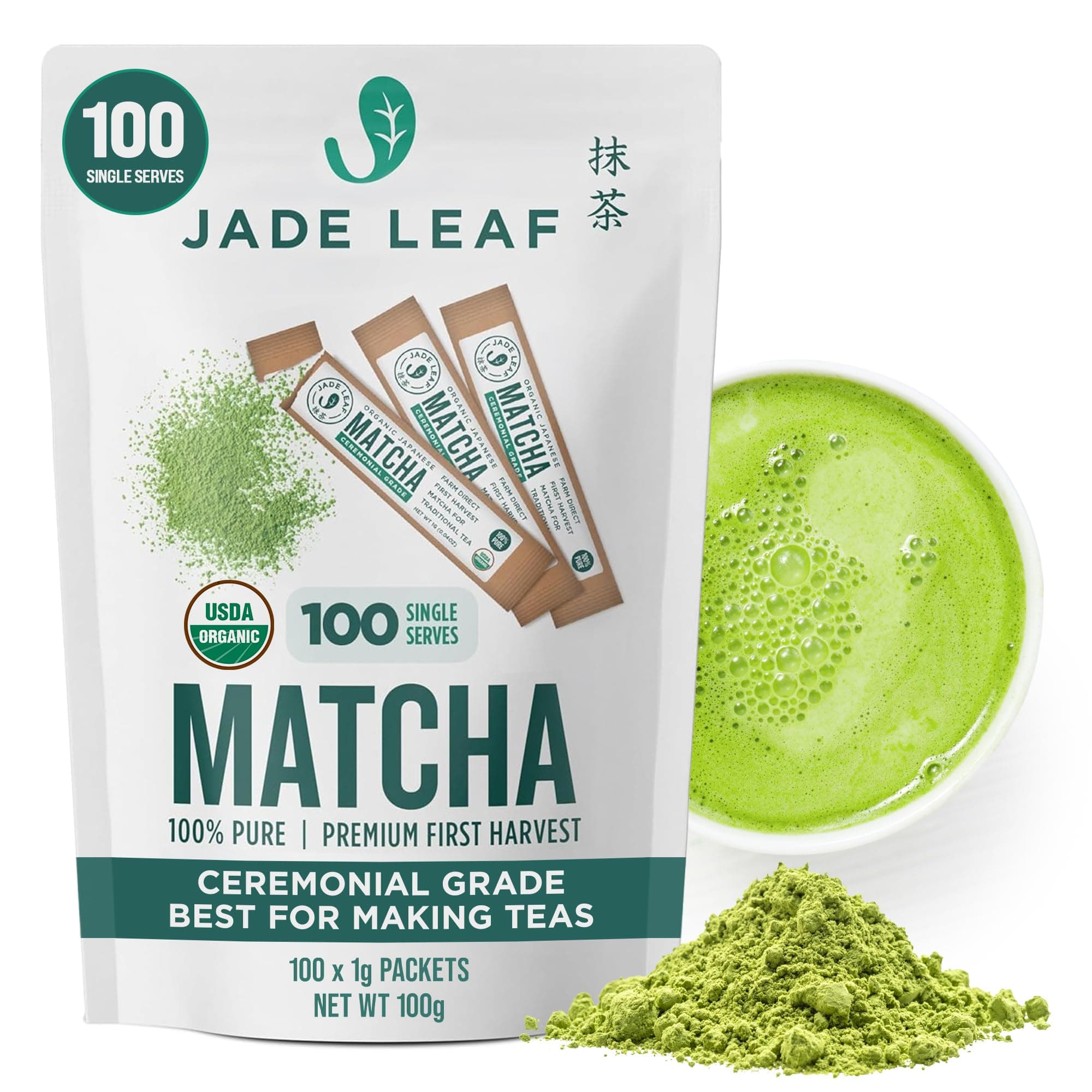 Organic Ceremonial Grade Green Tea Powder - Farm Direct First Harvest - Single Serve Stick Packs - Authentic Japanese Origin (100 Count Single Serve Stick Pack Box)