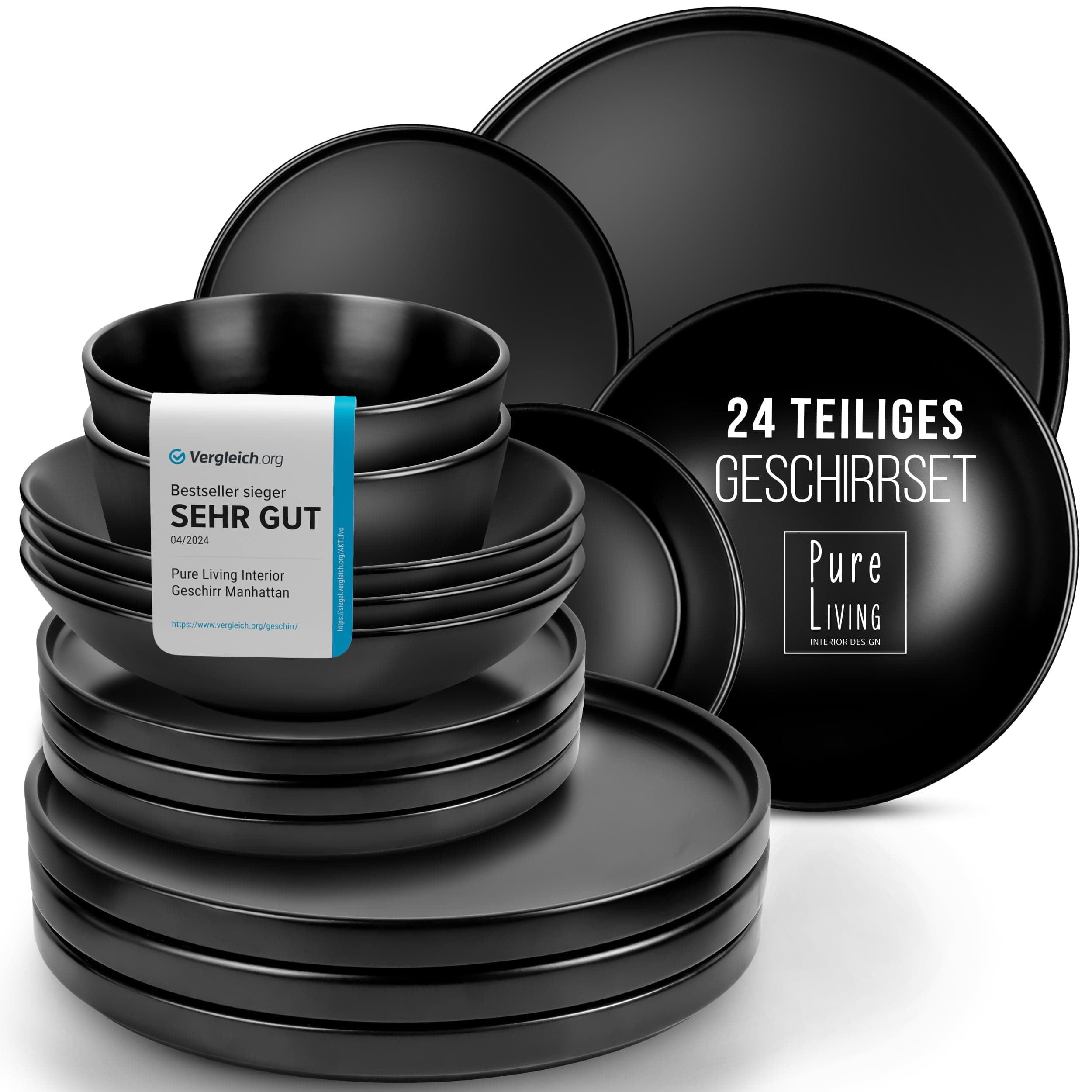 PURE LIVING INTERIOR DESIGN Stoneware Crockery Set for 6 People, Manhattan 24 Pieces, Urban Style Test Very Good Stoneware Tableware Set, Bowl and Plate Set, Dinner Service for 6 People, in Matt Black