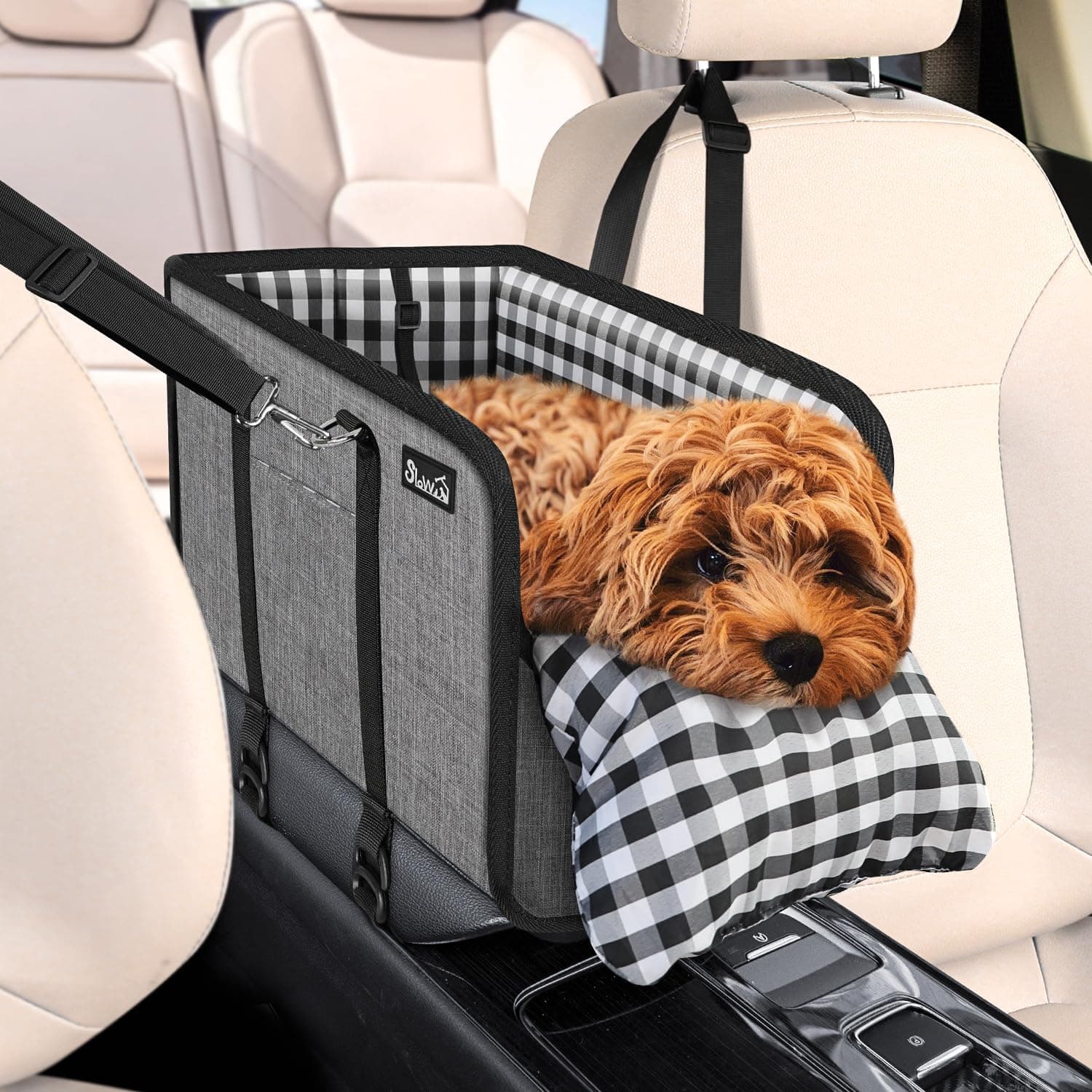 Console Dog Car Seat - Portable Dogs Armrest Booster Seat for Small Dog, Anti-Collapse Pet Car Seat with Soft Cushion Safety Belt, Support Pet Up to 11lbs (Grey)