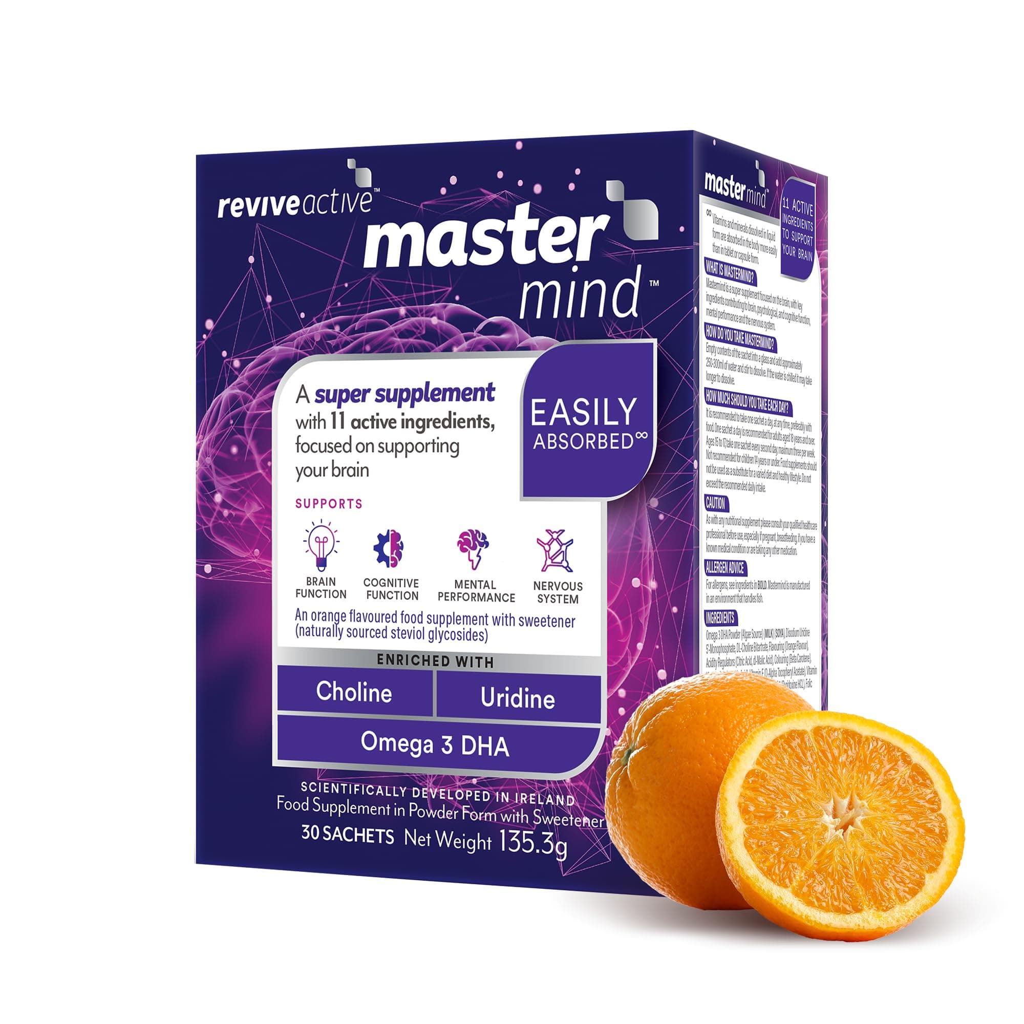 Revive Active Mastermind Super Brain Supplement - Supports Focus & Cognitive Function in 1 Daily Sachet - Mental Performance with Omega 3 DHA, Vitamin B5, Uridine & Choline - 30 Day Supply