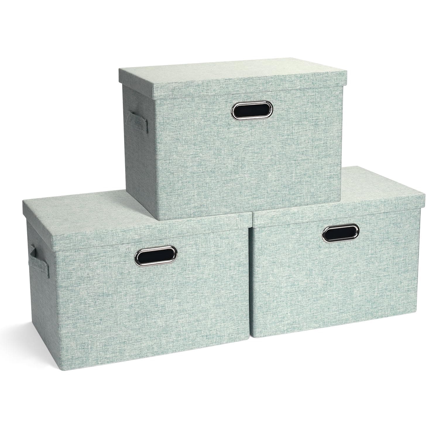 Large 17" 36 Quart Collapsible Stackable Storage Bins with Lids, 3 Packs Light Green Linen Fabric Closet Boxes with Lids, Storage Cube Baskets Container Organizers for Office (17x12x11)