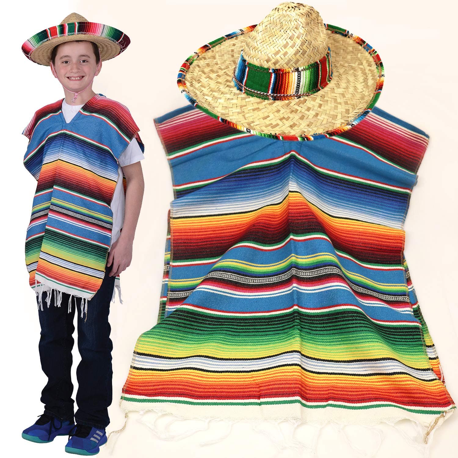 Mexican Party Set - Traditional Serape Poncho, Sombrero with Band for Kids, Cinco de Mayo or Fiesta Theme