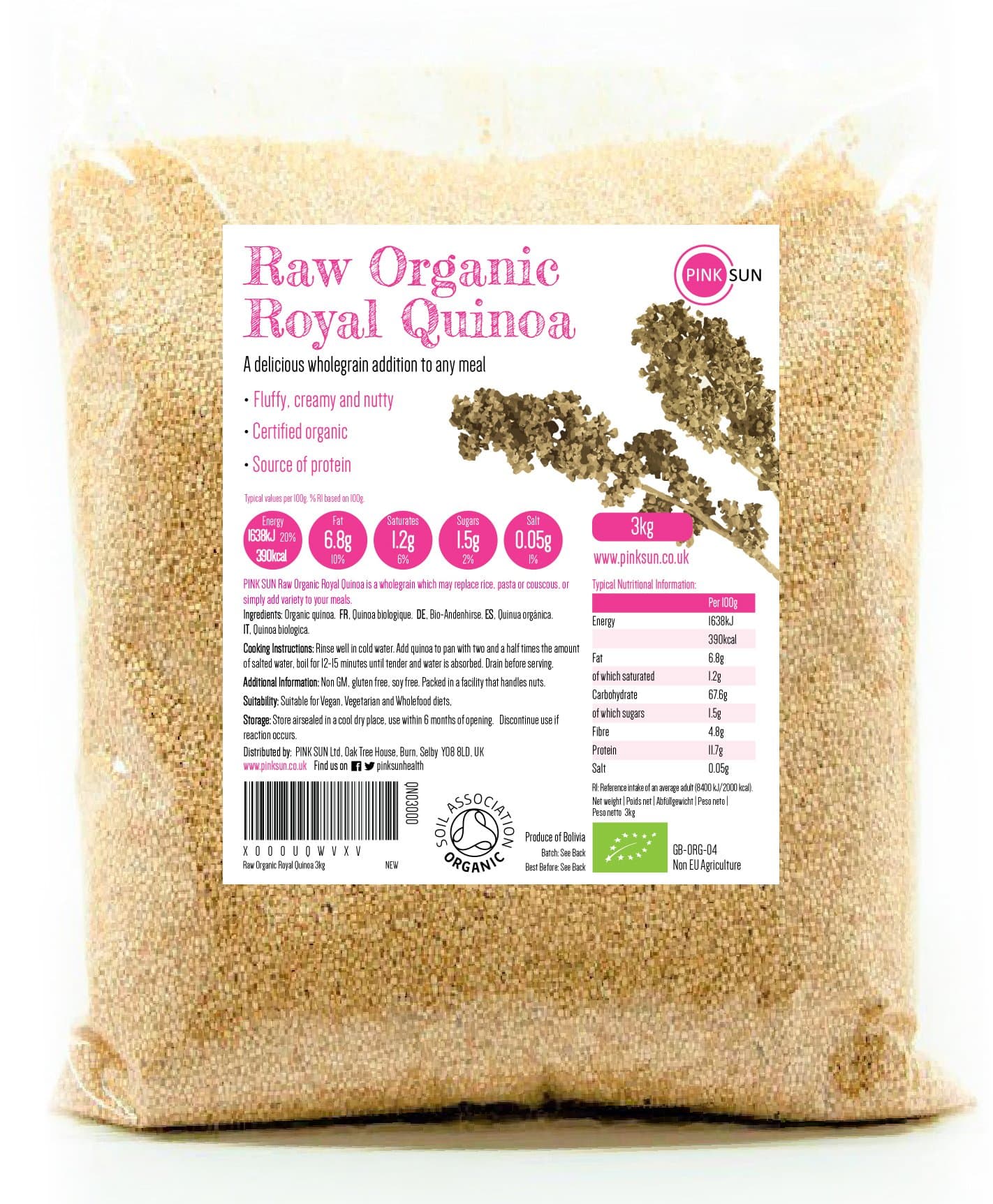 PINK SUNOrganic Quinoa 3kg White Whole Grain Gluten Free Vegetarian Vegan Bio Bulk Buy
