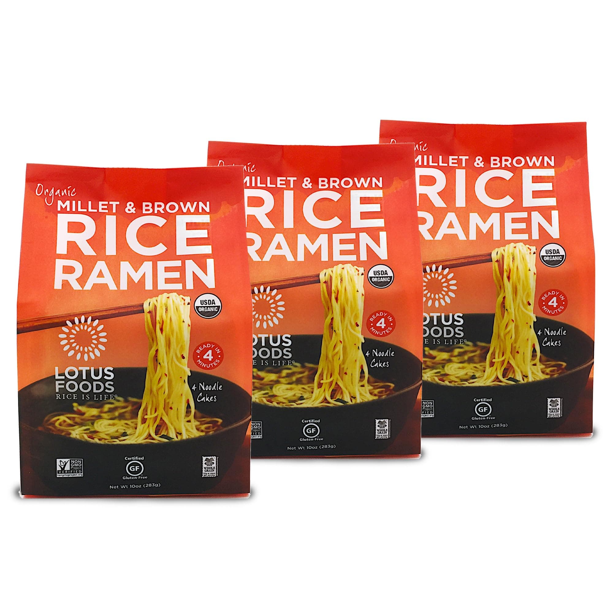 Organic Millet & Brown Rice Ramen - Gluten Free Ramen Noodles, Whole Grain Ramen Noodles, Organic Vegan Ramen, Low Sodium Rice Noodles, Organic, Gluten-Free, Vegan - 10 Oz Bags (Pack of 3)