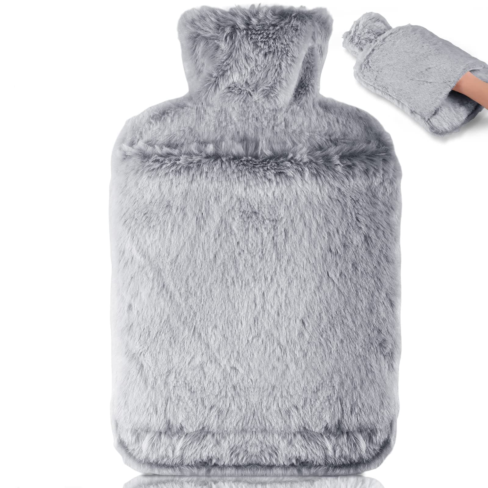 Hot Water Bottle with Luxury Cosy Faux Fur Cover,2L Leakproof Large Hot Water Bag for Neck,Shoulder,Hand Feet Warmer,Gifts for Women,Men(Grey)