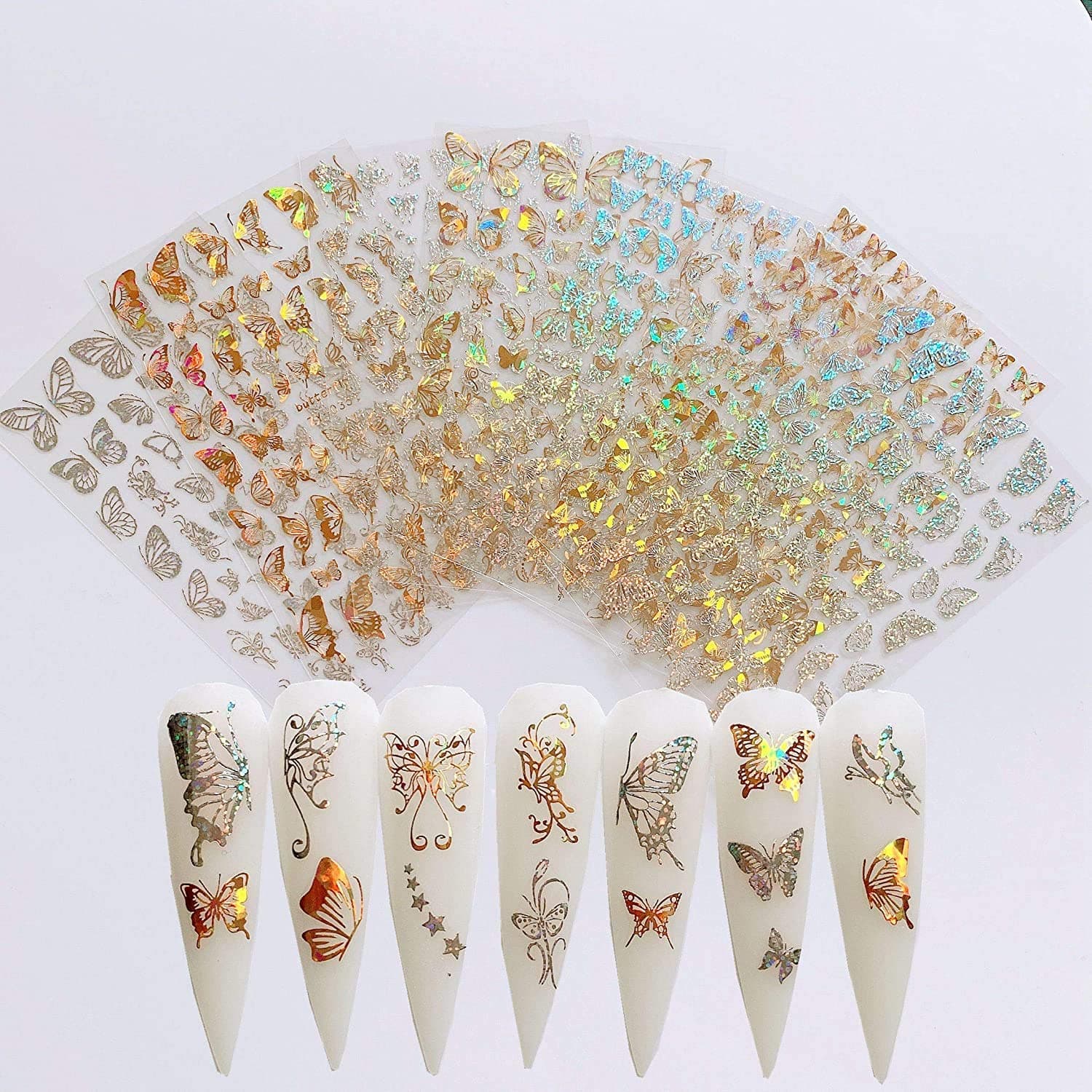 Butterfly Nail Art Stickers Decals Nail Art Supplies 3D Self Adhesive Laser Gold and Silver Butterfly Design for Nails Supply Designer Nail Stickers Butterflies Foil Decoration for Acrylic Nails 8 Pcs