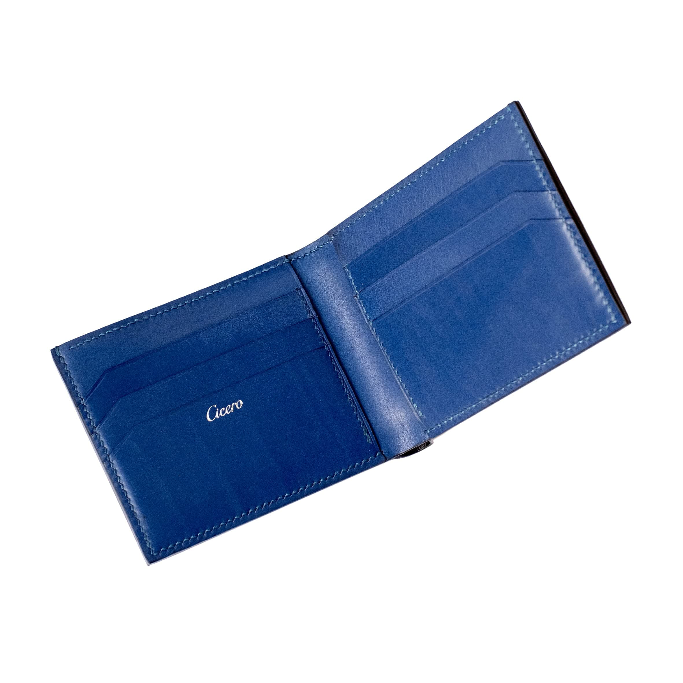 Men's Leather Wallet Bifold Hand Stitch With Premium Full Grain Calf Leather (Black/Blue)