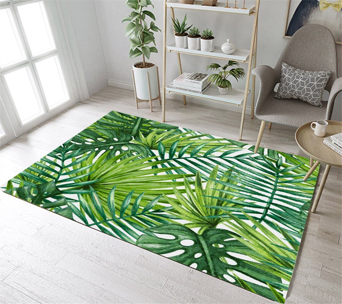 LB Jungle Rug Tropical Floral Green Leaves Palm Rug for Kids Playroom Non Slip Soft Living Dining Room Bedroom Rugs Floor Mat Perfect Home Decor 4'X5'3''