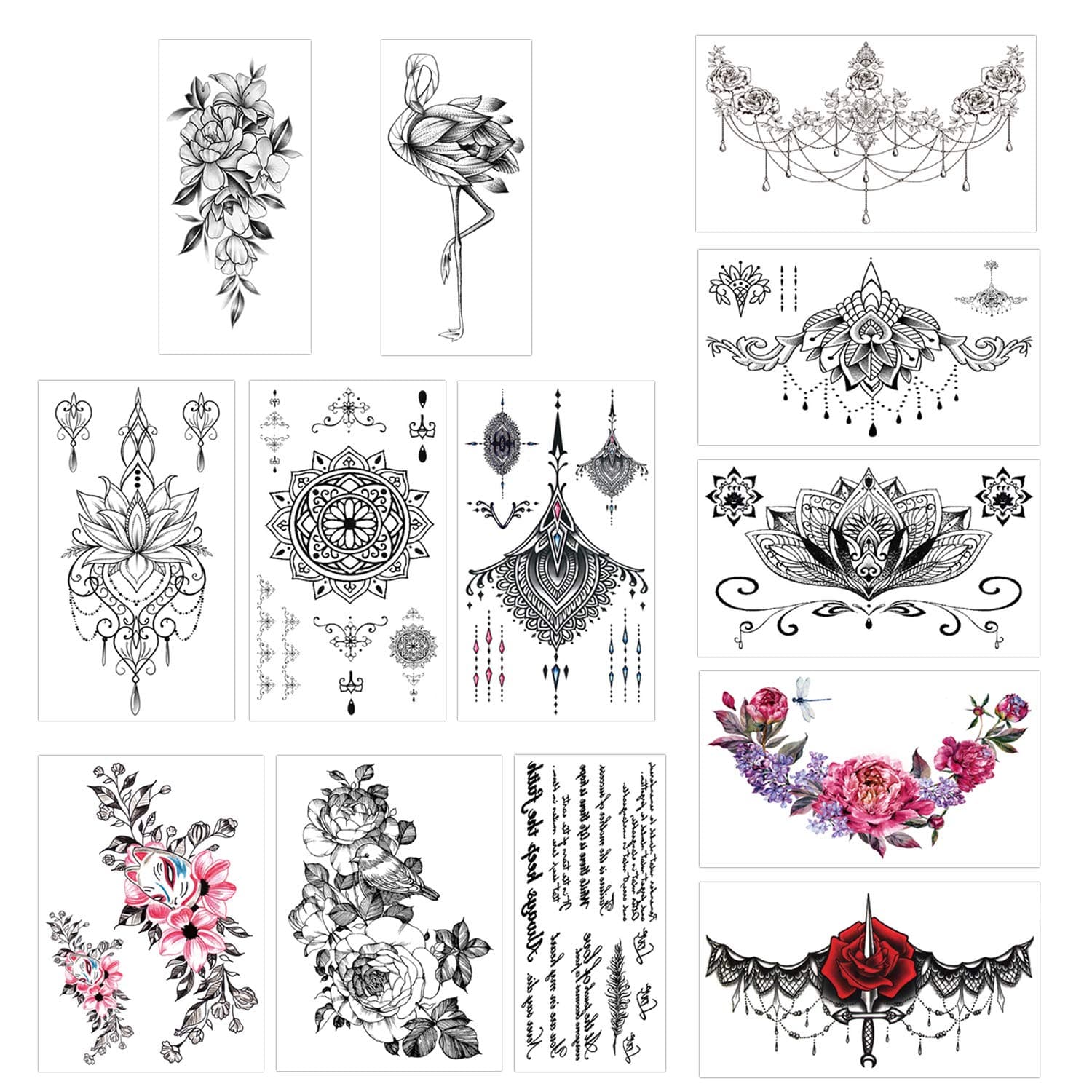 Konsait 13 Sheets Temporary Tattoos for Girls Women Adult Festive Tattoo Fake Waterproof Temporary Tattoos Black Body Art Sticker Cover Up Back Arm Neck, Flower, Mehndi