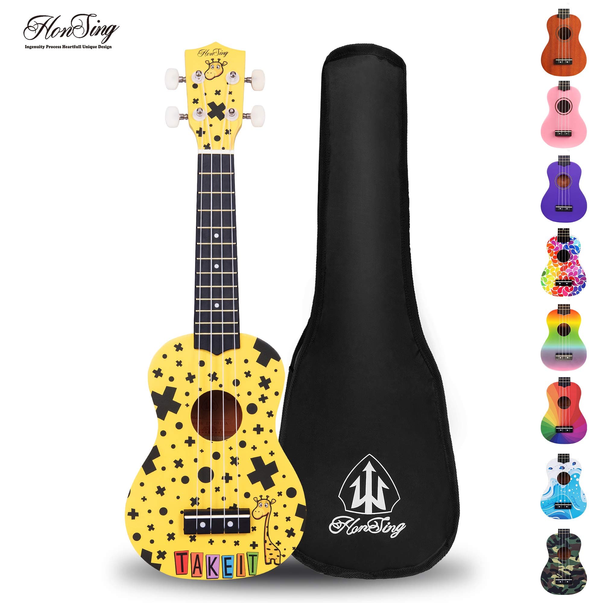 Honsing Kids Ukulele,Soprano Ukulele Beginner,Hawaii kids Guitar Uke Basswood 21 inches with Gig Bag- Spotted Yellow Color matte finish