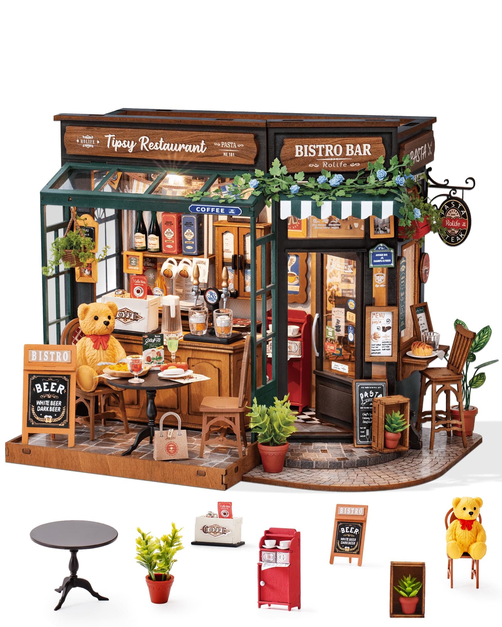 DIY Miniature House Kit for Adults, Mini Wooden Dollhouse Kit, Bakery Tiny House Diorama Building Kits-Birthday Christmas Craft Hobbies Gift for Teens Kids (Tipsy Restaurant)