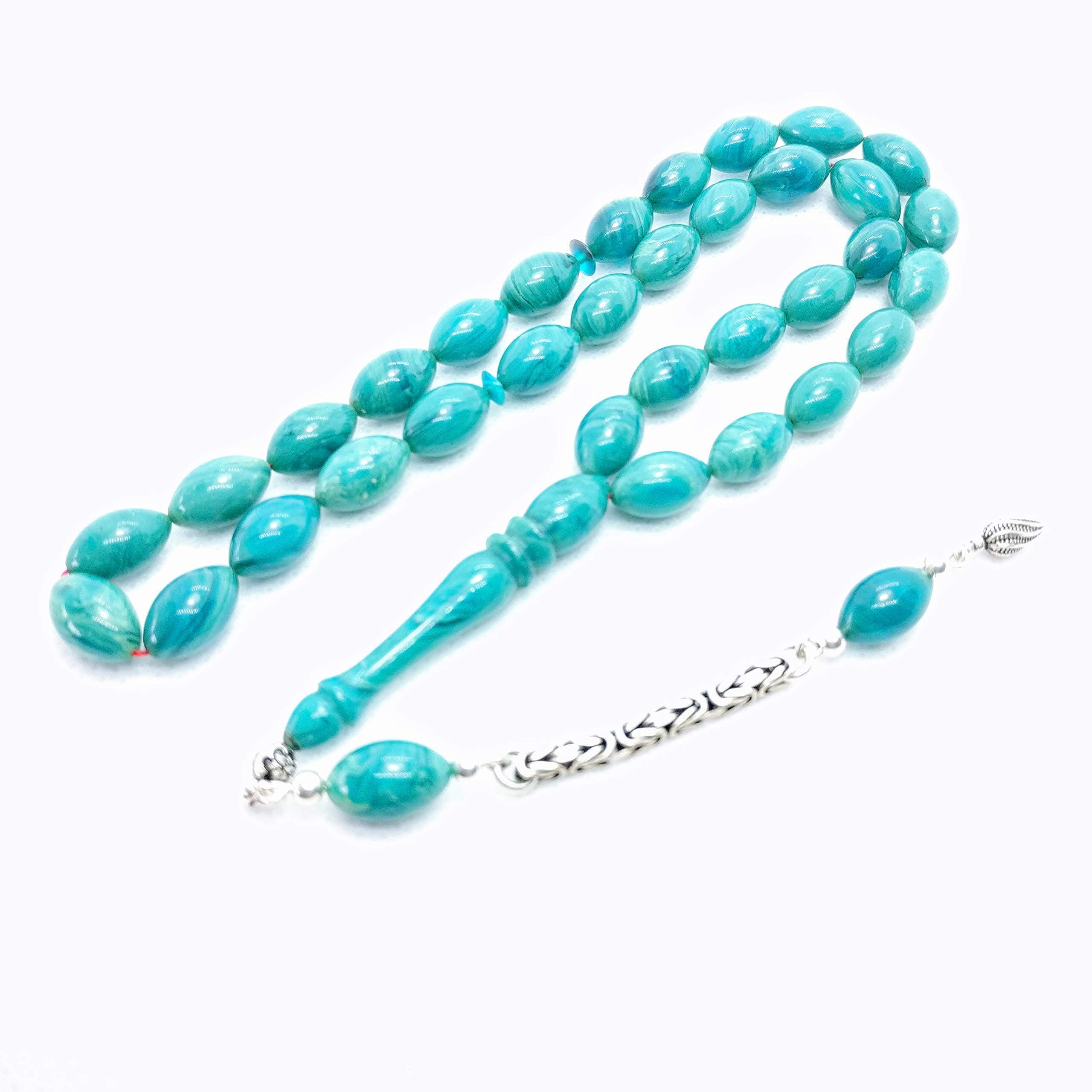 Turquoise Colour Prayer Beads with 925 Sterling Silver Tassel, Worry Beads, Firuze Tasbih, SIKMA Kehribar Tesbih, Muslim Rosary, Tasbeeh, Komboloi, Misbaha, Turkish Amber by DunyaGems