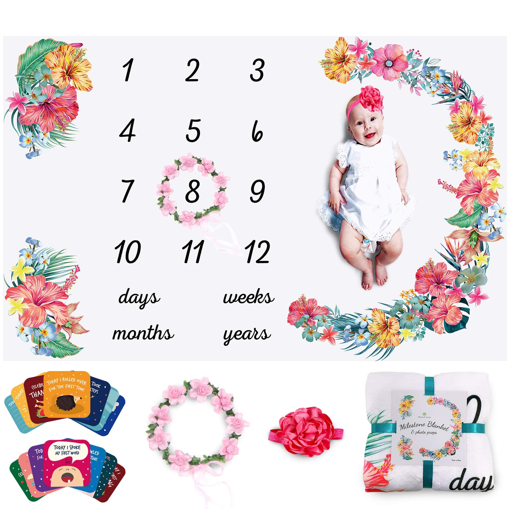 ATHENA FUTURESBaby Monthly Milestone Blanket for Girl, Baby Gifts, Baby Milestone Blanket for Baby Girl, Blankets for Newborn Girls, 60"x40" Soft Floral Blanket with Wreath & Hairband Markers