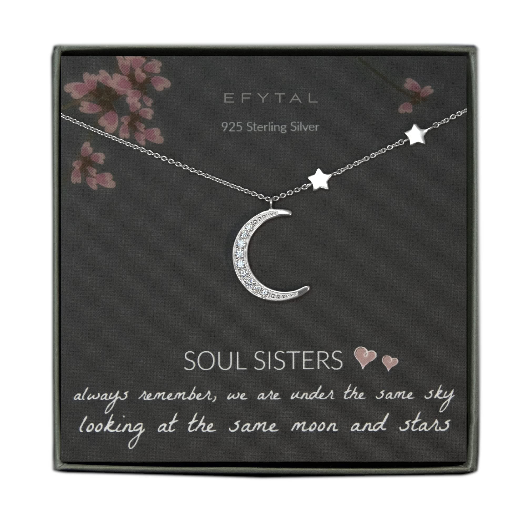 Friend Gifts, 925 Sterling Silver CZ Crescent Moon & Stars Friendship Necklace, Best Friend Necklaces for Soul Sisters, Unbiological Sister or BFF