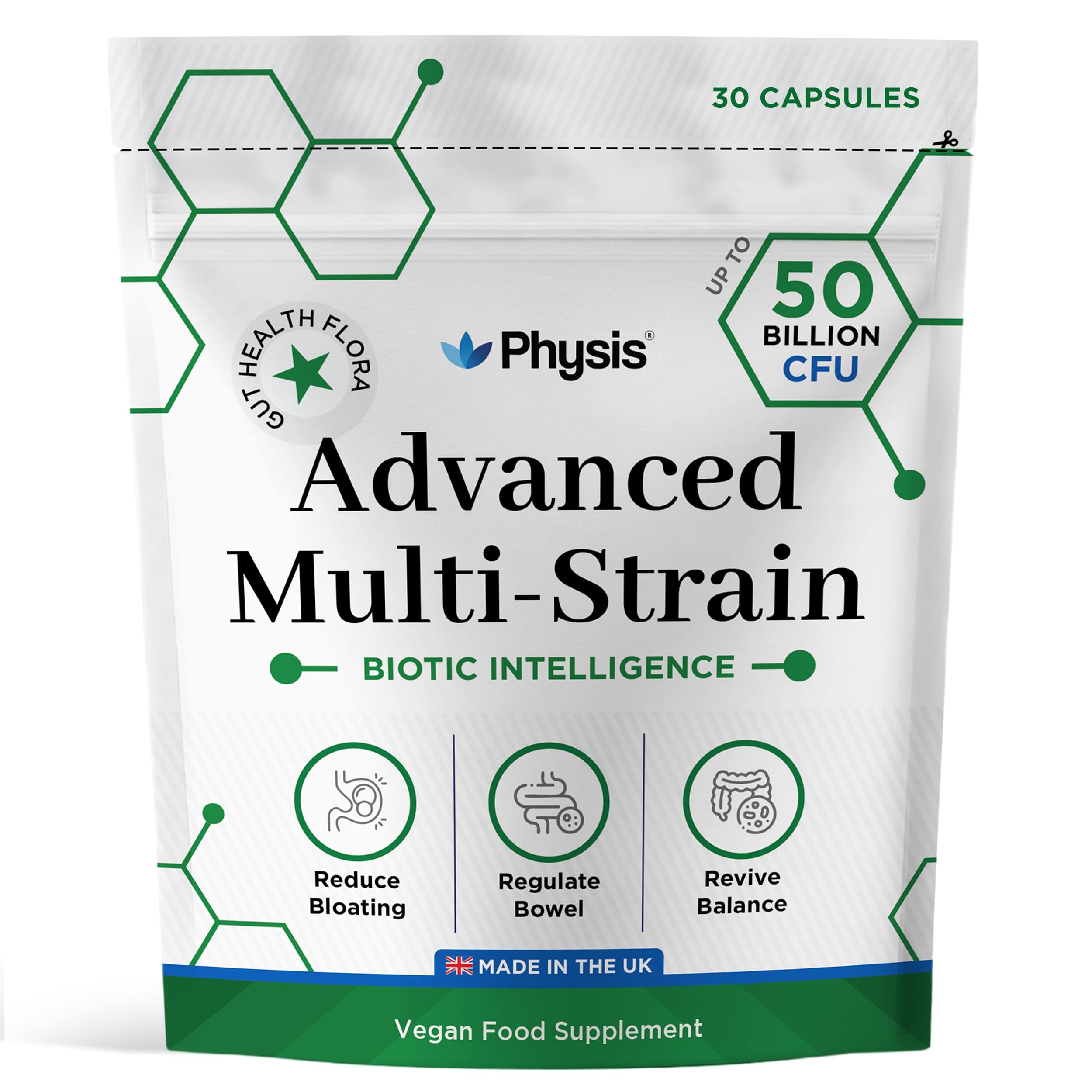 Physis Advanced Probiotics 50 Billion CFU | Gut Health | Digestion Comfort | Microbiome Support | Bloated Stomach Relief | 30 Capsules up to 1 Month Supply | for Men & Women | Made in The UK