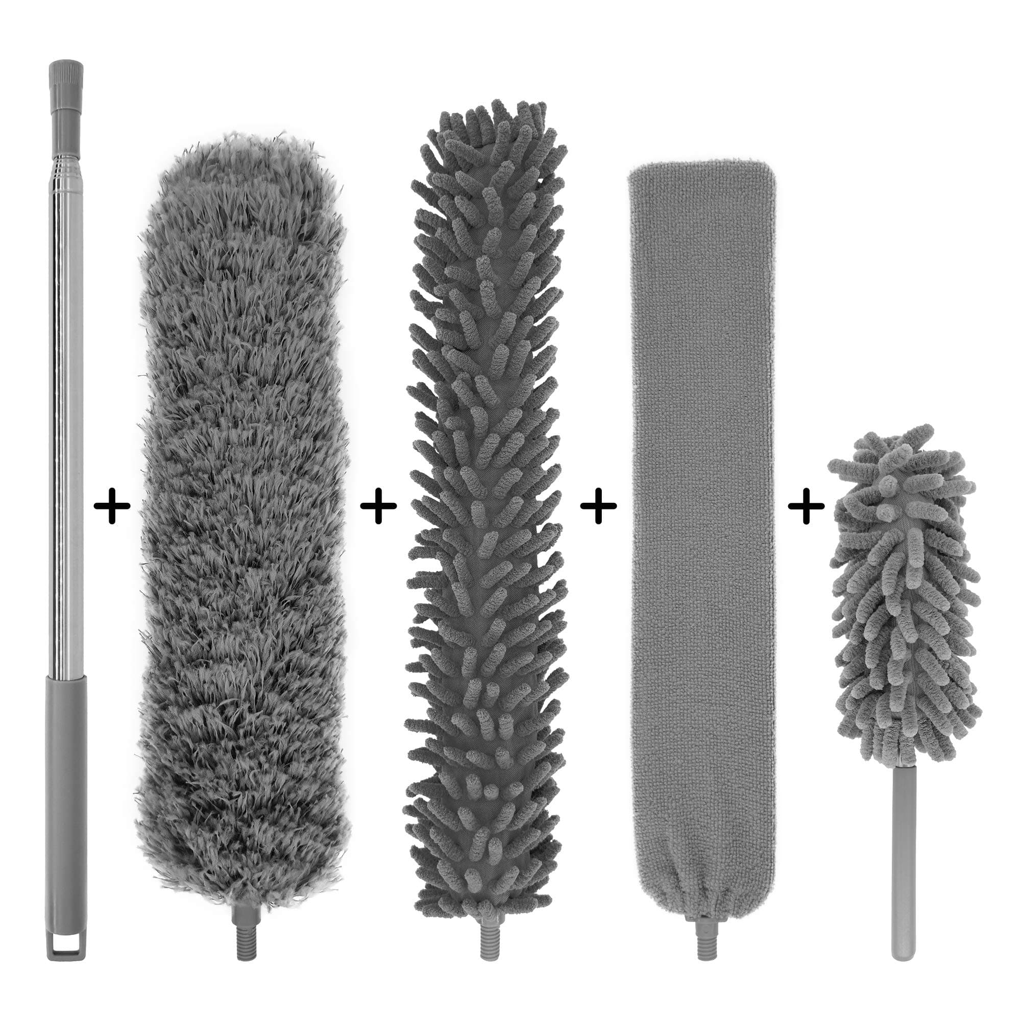 5-in-1 Microfiber Duster with Extension Pole (30-100") Kit for High Ceiling, Fan, Cobweb, Blind & Furniture, Bendable Washable Heads, Reusable Dusters for Cleaning