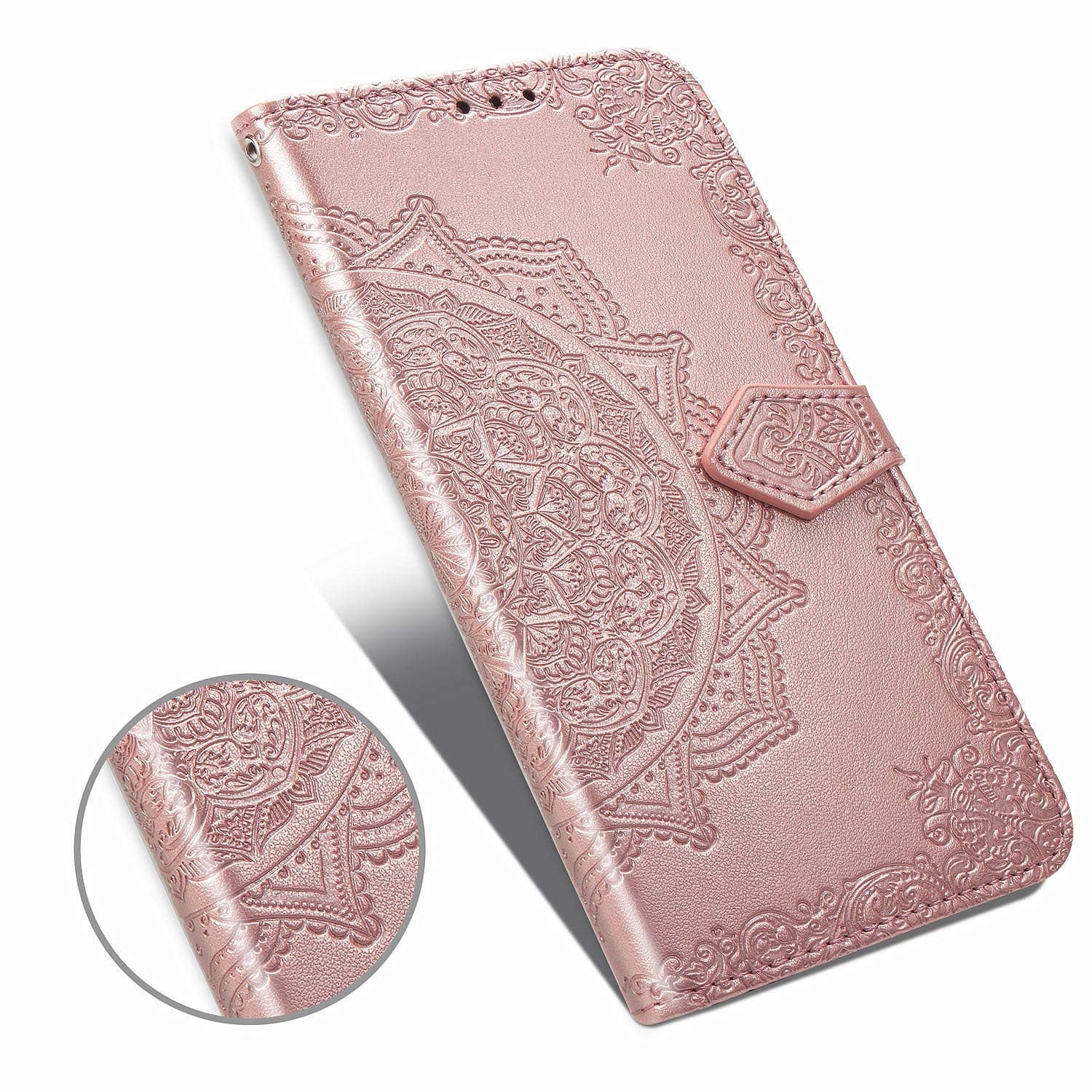 OnePlus 7 Pro Case,OnePlus 7 Pro 5G Case Wallet,Henna Mandala Floral Flower PU Leather Flip Folio Phone Protective Case Cover with Card Slot Holder Kickstand for OnePlus 7 Pro 5G (6.7") 2019,Rose Gold