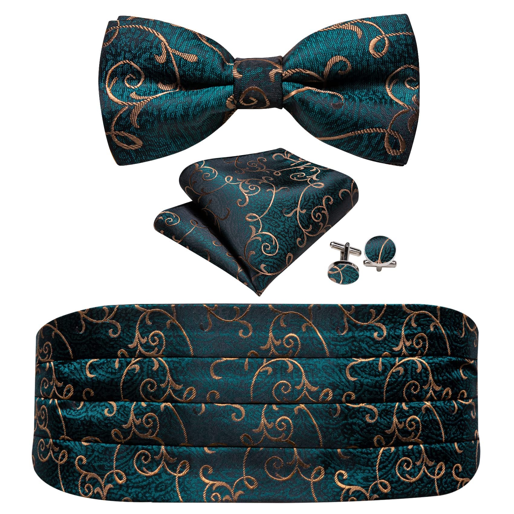 YOHOWA Men Cummerbund Bow Tie Set Silk Paisley Formal Pre-Tied Bowtie Pocket Square Cufflinks Wedding Party Prom