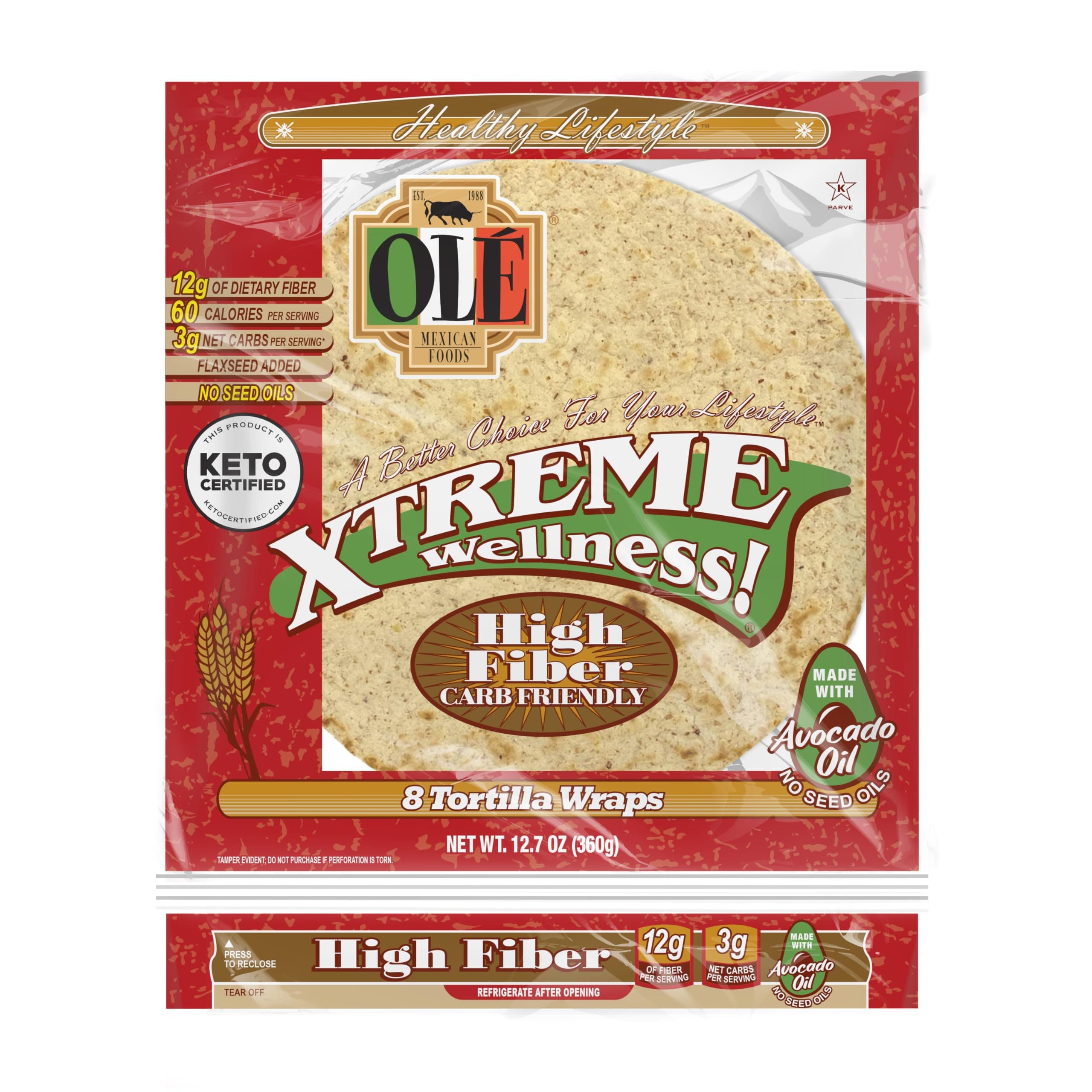 Olé Xtreme Wellness® High Fiber | 8" Size Flour Tortillas |Carb Friendly |Keto Certified | 12.7 oz.| 8 Count (Pack of 4)
