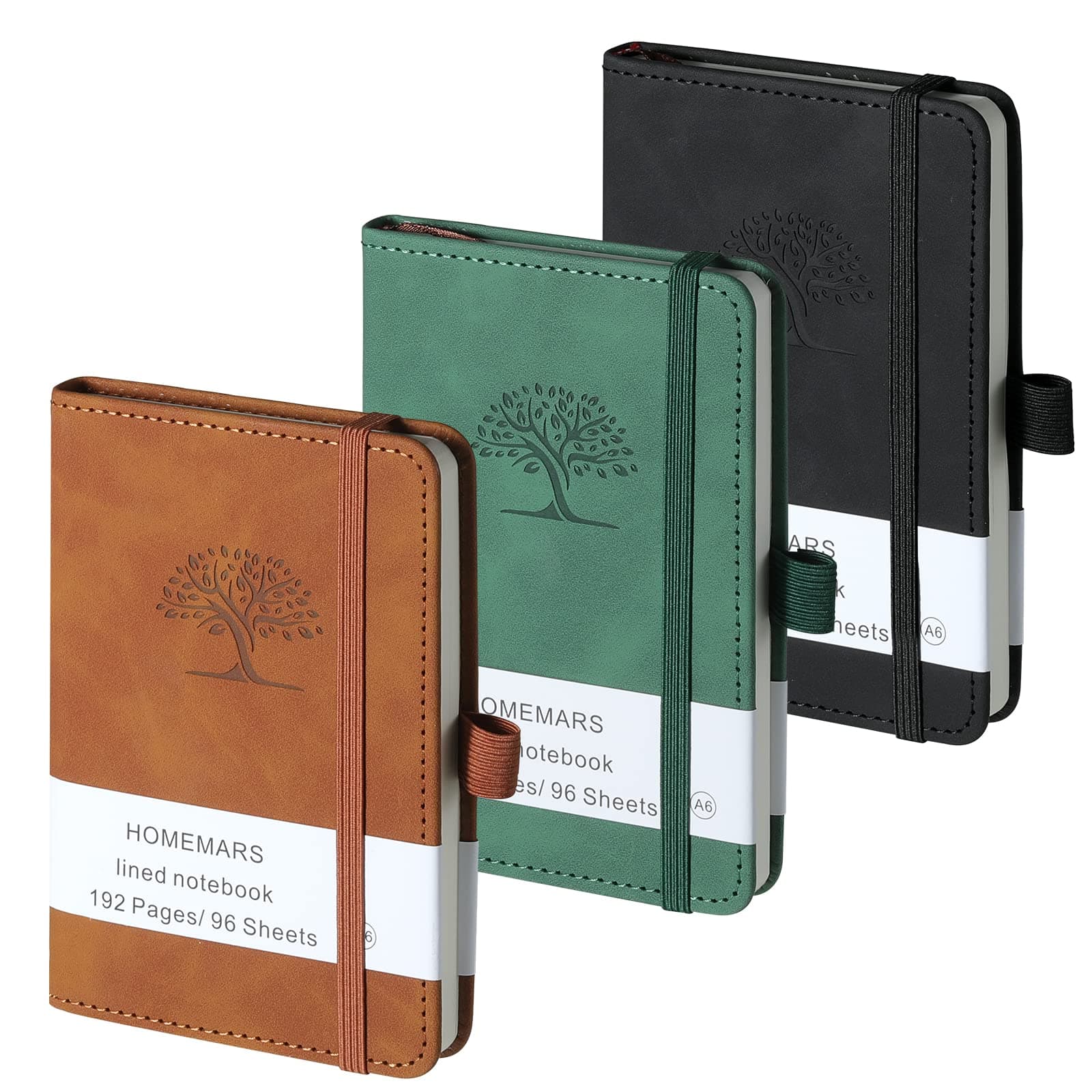 Notebook A6, 3 Piece Notebook Set, Notebook Small, 14.4 cm x 9.6 cm Notepad, Brown, Green, Black, 192 Pages, Notebook, Pocket Notebook, Travel Diary, Leather Notebook, P Limited tree design